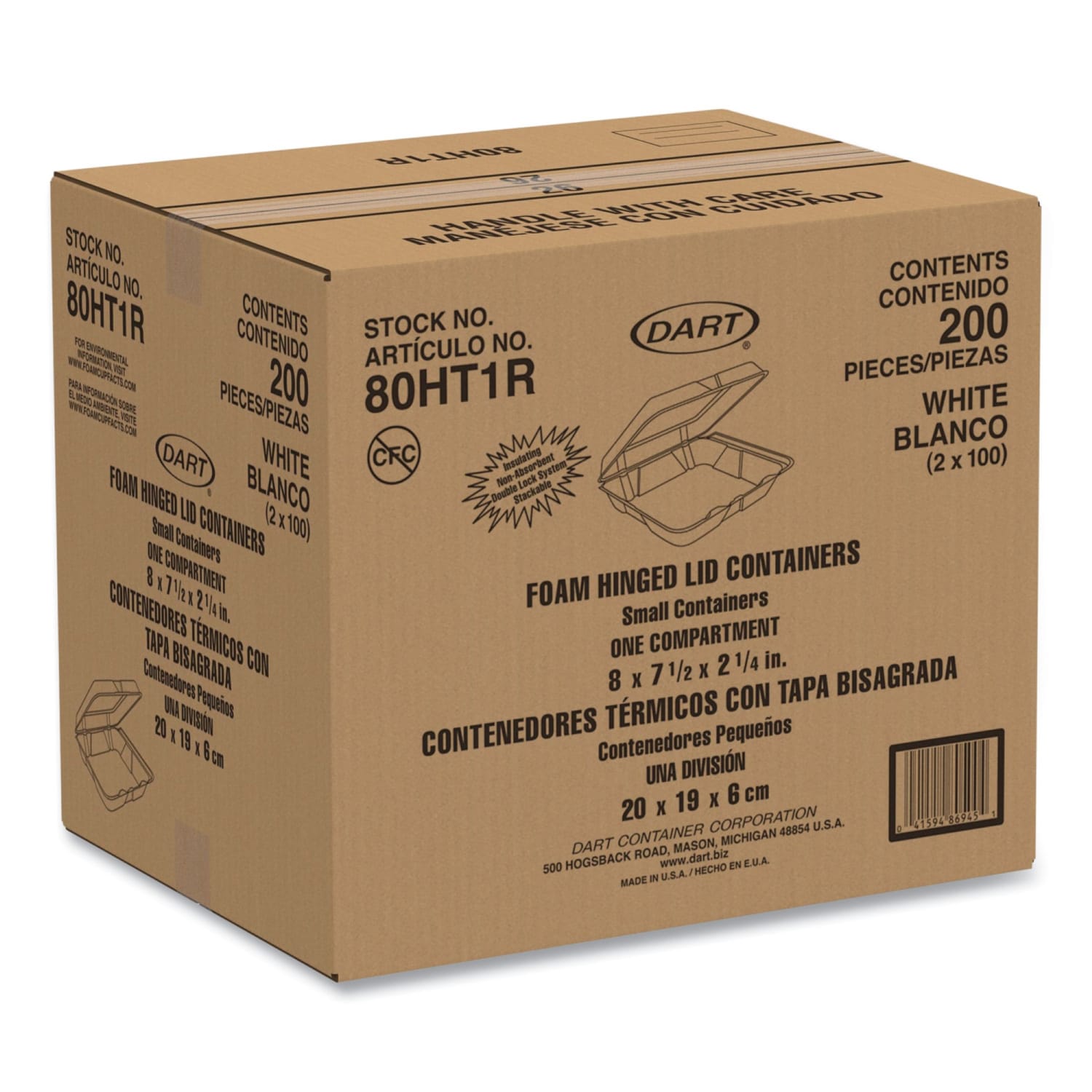 Dart Foam Hinged-Lid Containers, 2-1/4inH x 7-1/2inW x 8inD, White, Carton Of 200 Containers - Image 4