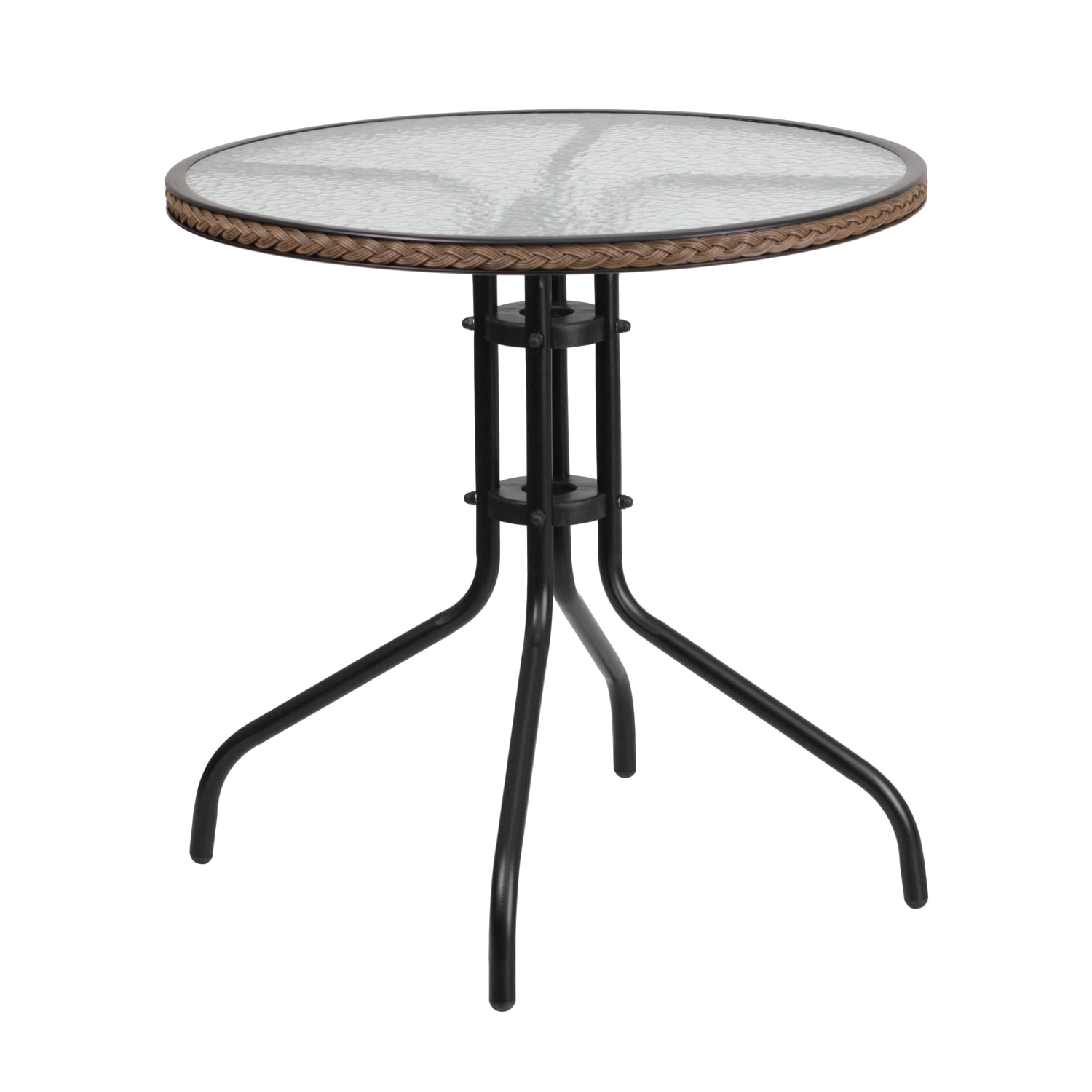 Flash Furniture Barker Round Tempered-Glass Metal Outdoor Furniture Table With Rattan Edging, 28inH x 28-3/4inW x 28-3/4inD, Clear/Dark Brown - Image 3