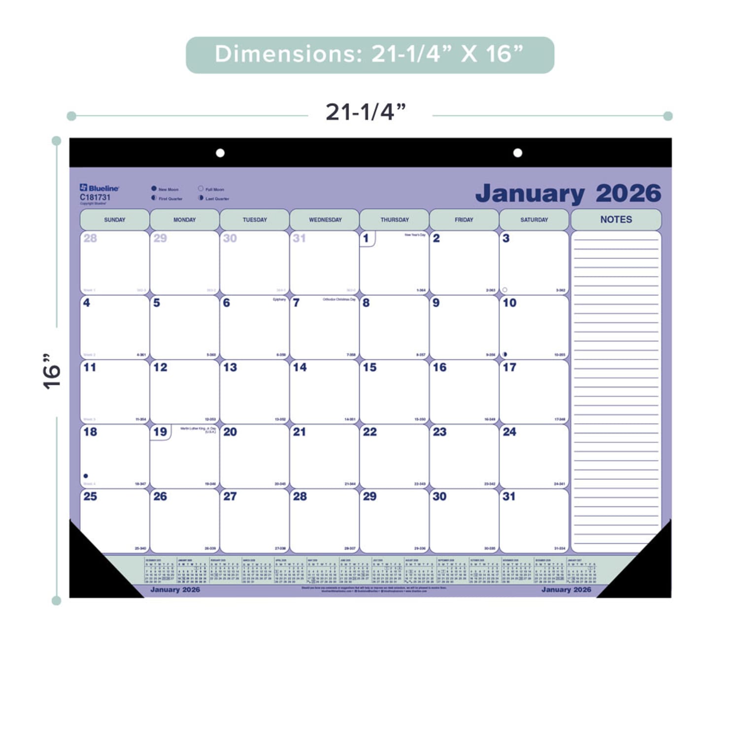 2026 Blueline Monthly Desk Pad Calendar, 21-1/4in x 16in, Blue/White, January To December, C181731 - Image 3