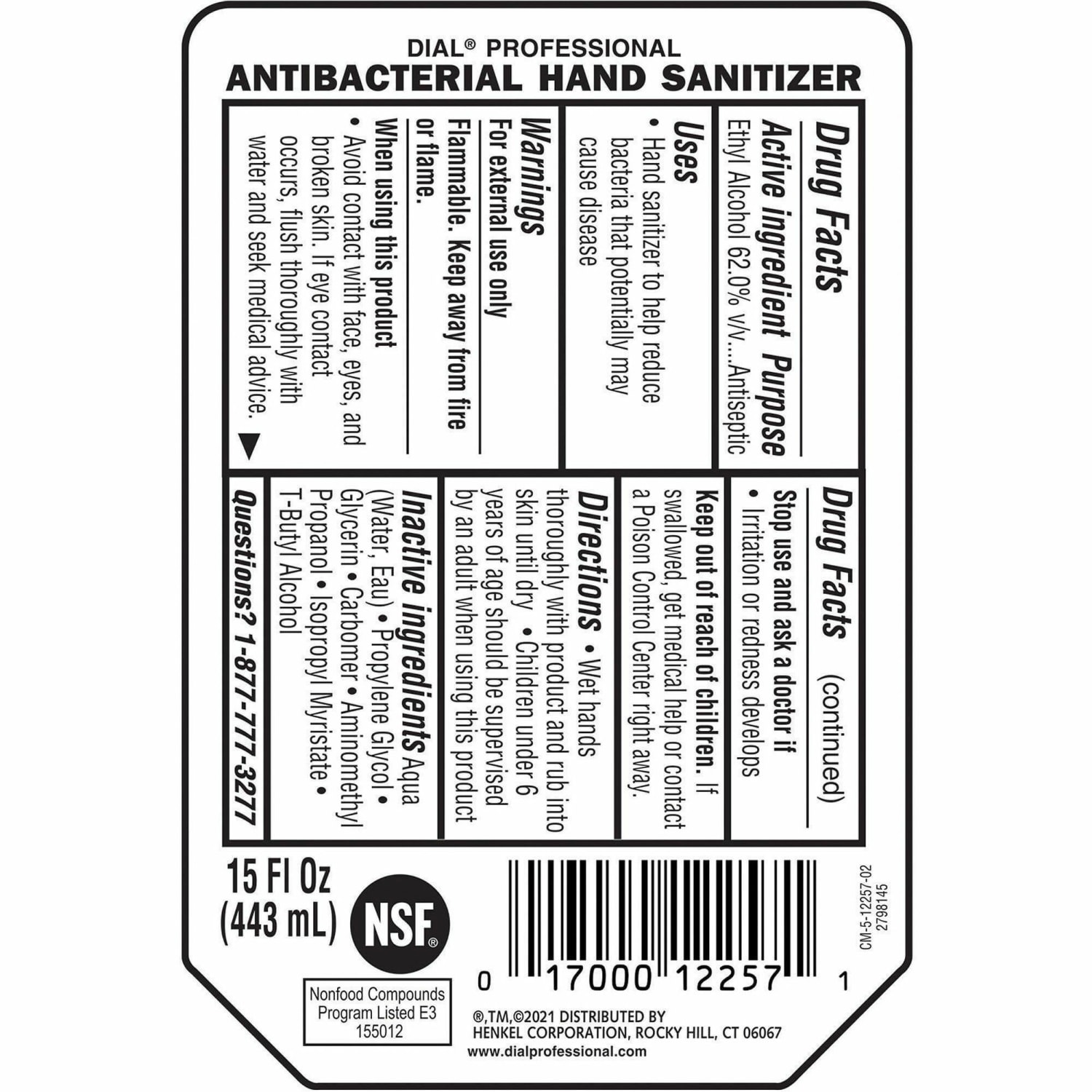 Dial Professional Hand Sanitizer Gel Refill - 15 fl oz (443.6 mL) - Bacteria Remover - Hand - Clear - Fragrance-free, Dye-free - 1 Each - Image 3