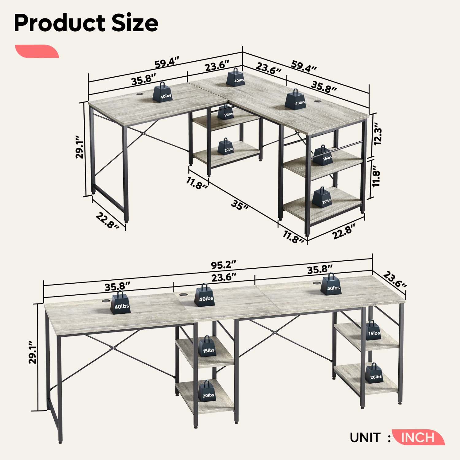 Bestier L-Shaped Corner Computer Desk With Storage Shelf, 3 Cable Holes, 60inW, Light Retro Gray Oak - Image 5