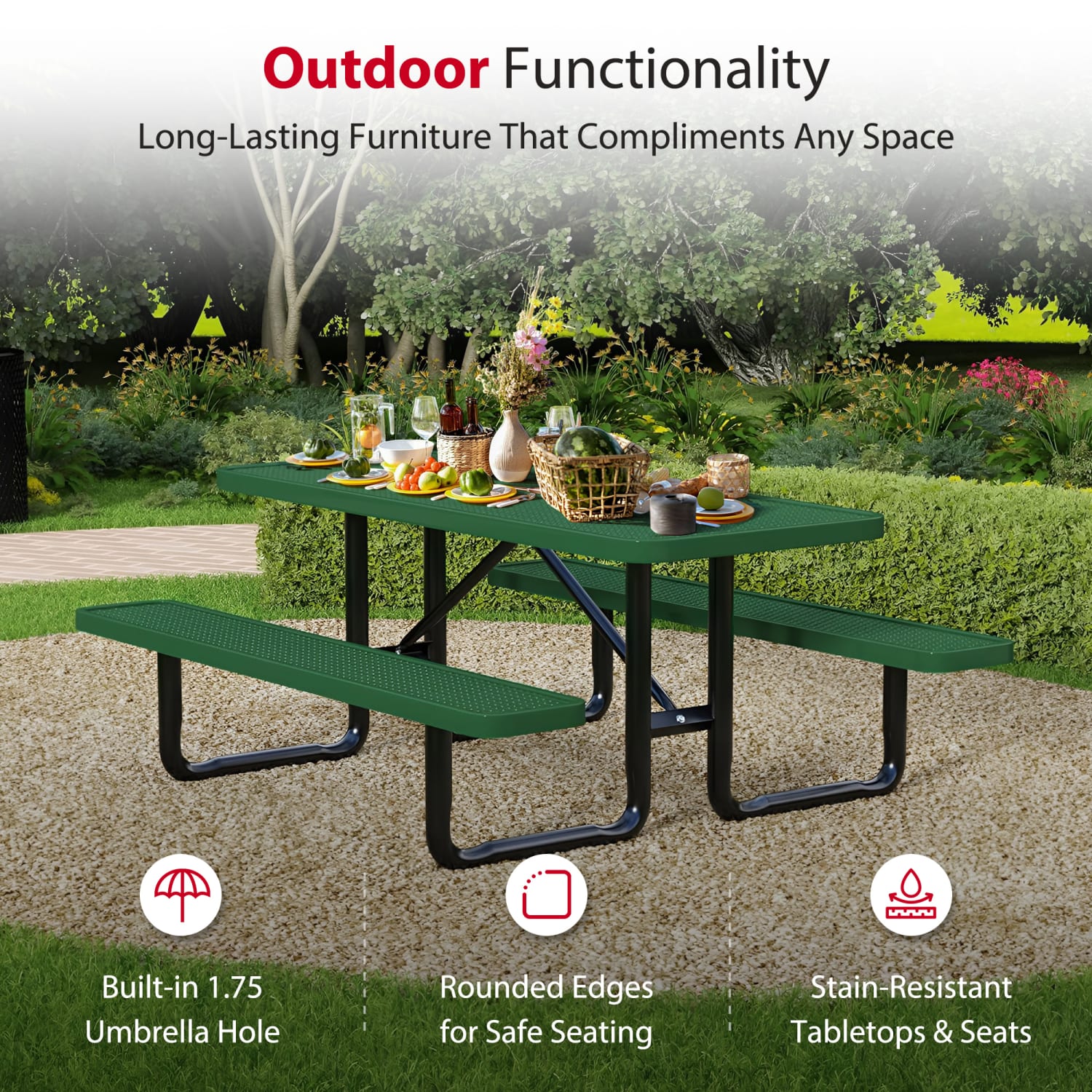 Leisure Craft Rectangle Outdoor Picnic Table, 29-11/16inH x 96inW x 62inD, Black/Green - Image 4