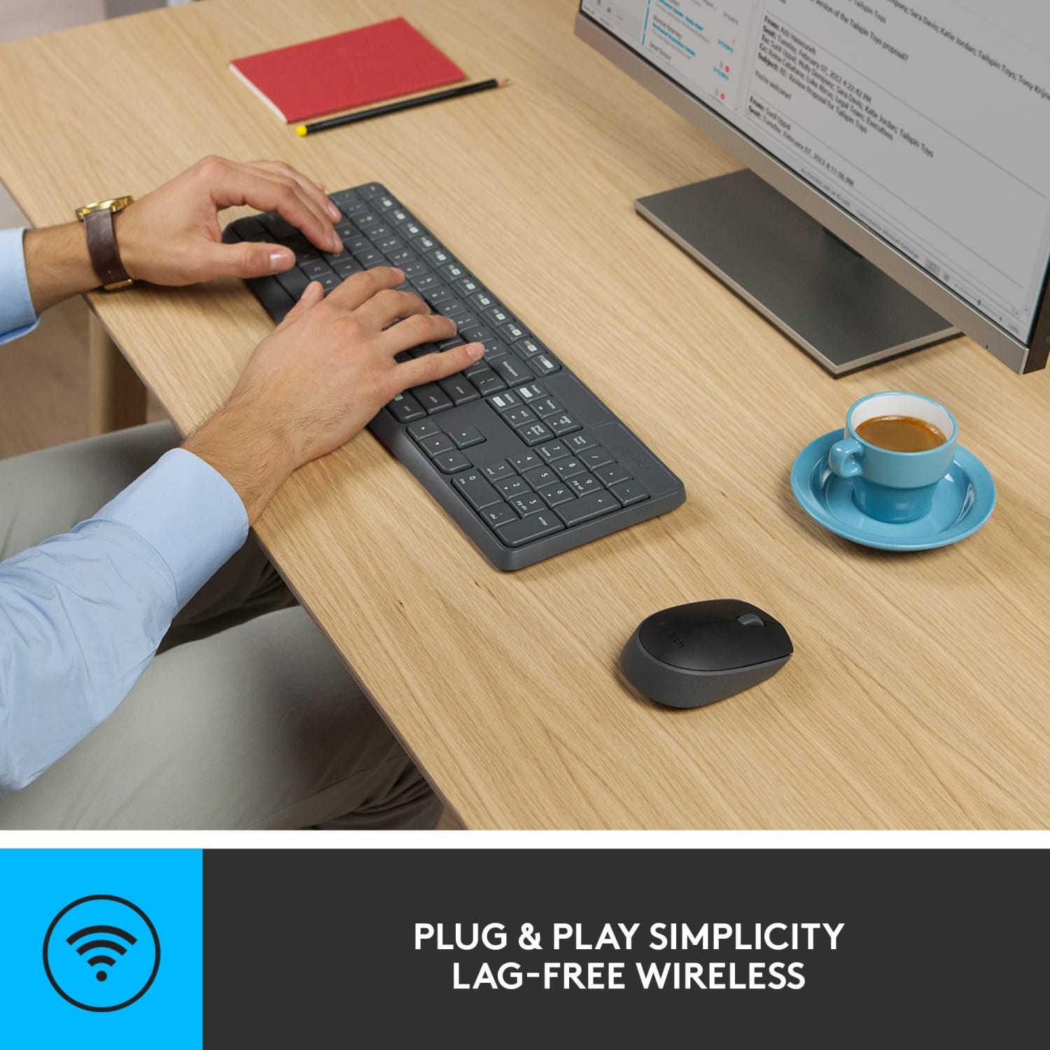 Logitech MK235 Wireless Straight Full-Size Keyboard & Ambidextrous Optical Mouse, Black - Image 5