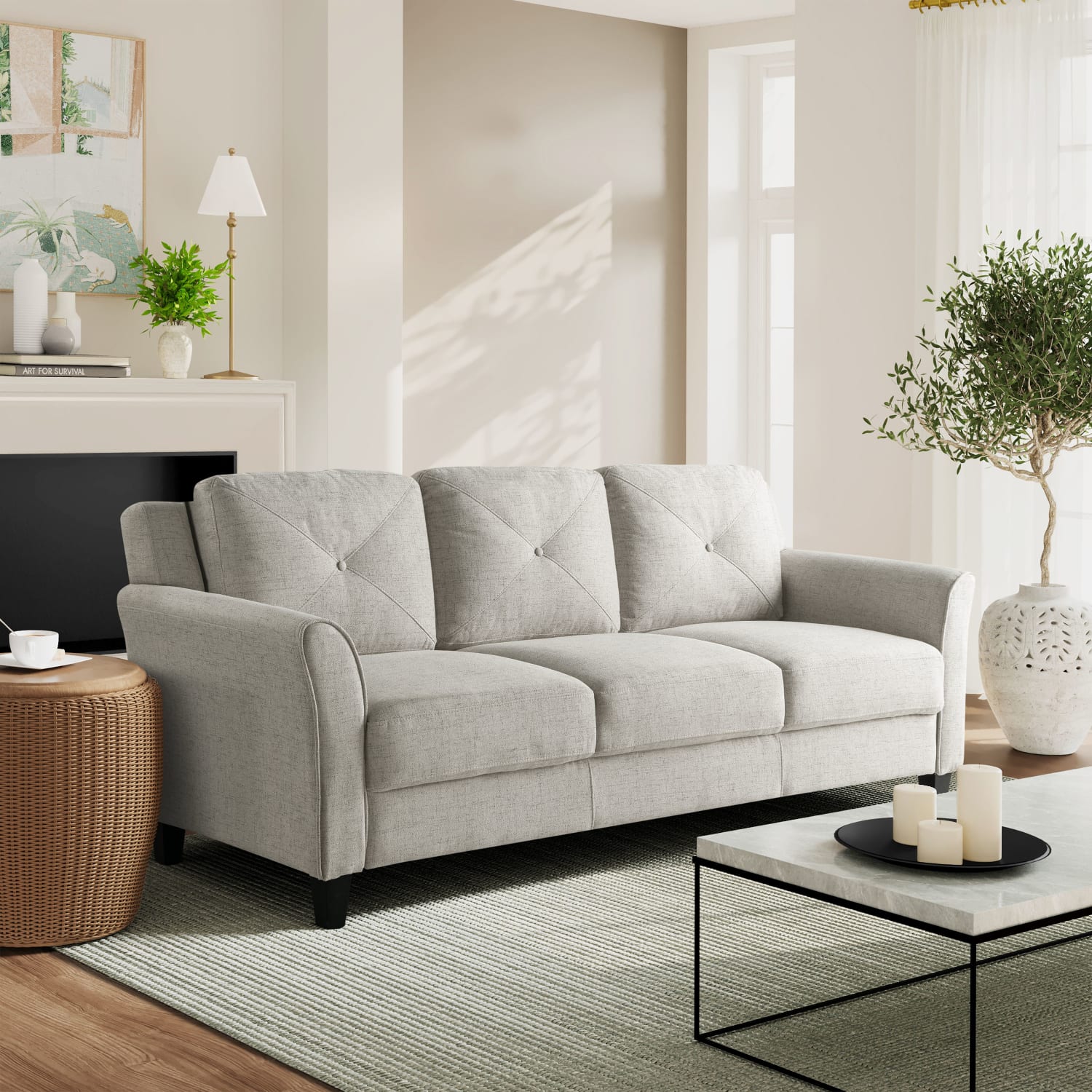 Lifestyle Solutions Hanson Microfiber Sofa With Curved Arms, Beige/Black - Image 3