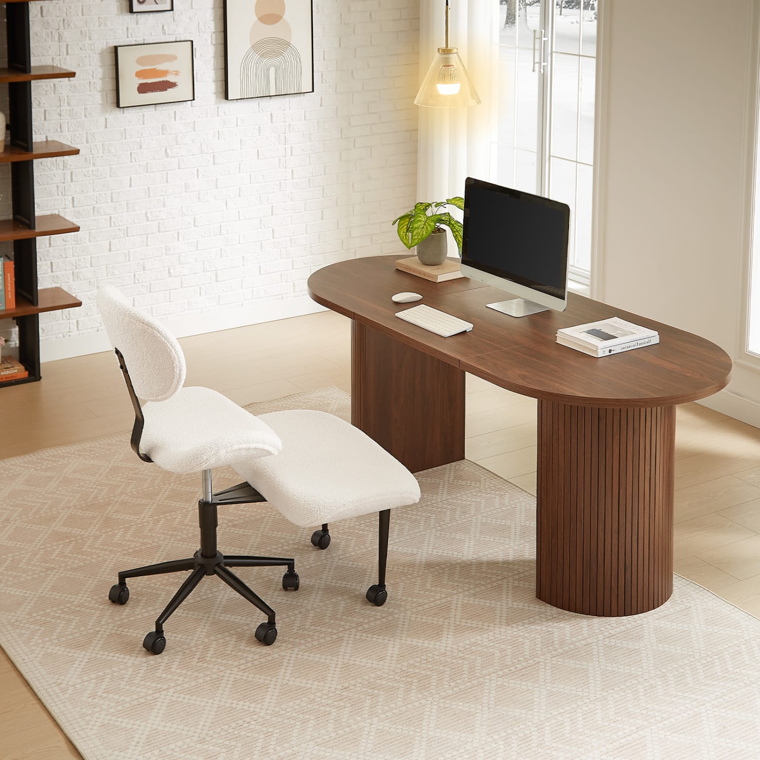 Pinmoco 2-Tier Cross-Legged Ergonomic Textured Fabric Modern Armless Office Chair, Off-White - Image 5