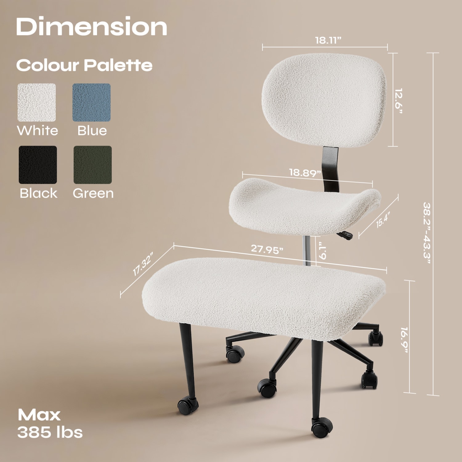Pinmoco 2-Tier Cross-Legged Ergonomic Textured Fabric Modern Armless Office Chair, Off-White - Image 6