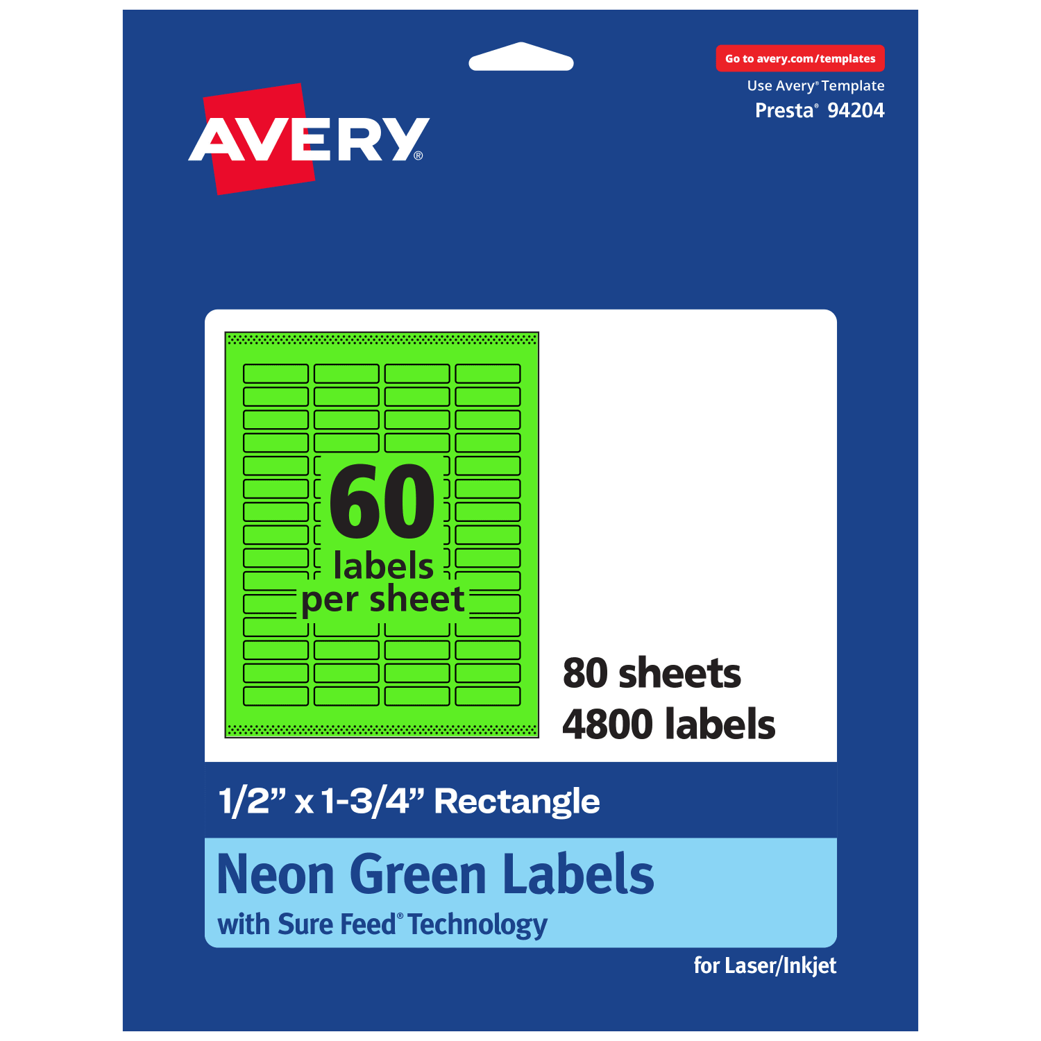 Avery Print-To-The-Edge Labels With Sure Feed Technology And Easy Peel, 94204-NGP80, Rectangle, 1/2in x 1-3/4in, Matte Neon Green, Pack of 4800
