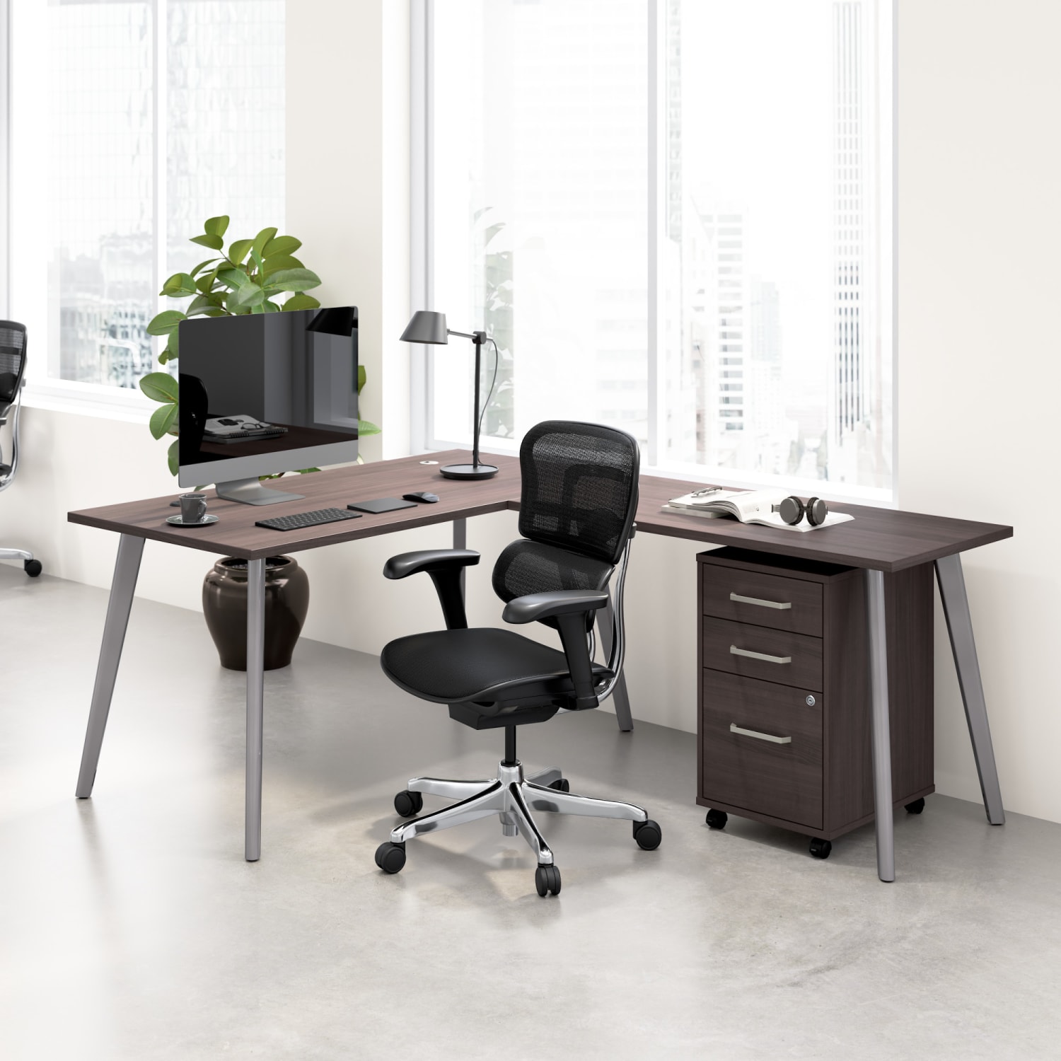 WorkPro Motiva 60inW Modern L Shaped Office Desk With Rolling File Cabinet, Storm Gray, Standard Delivery
