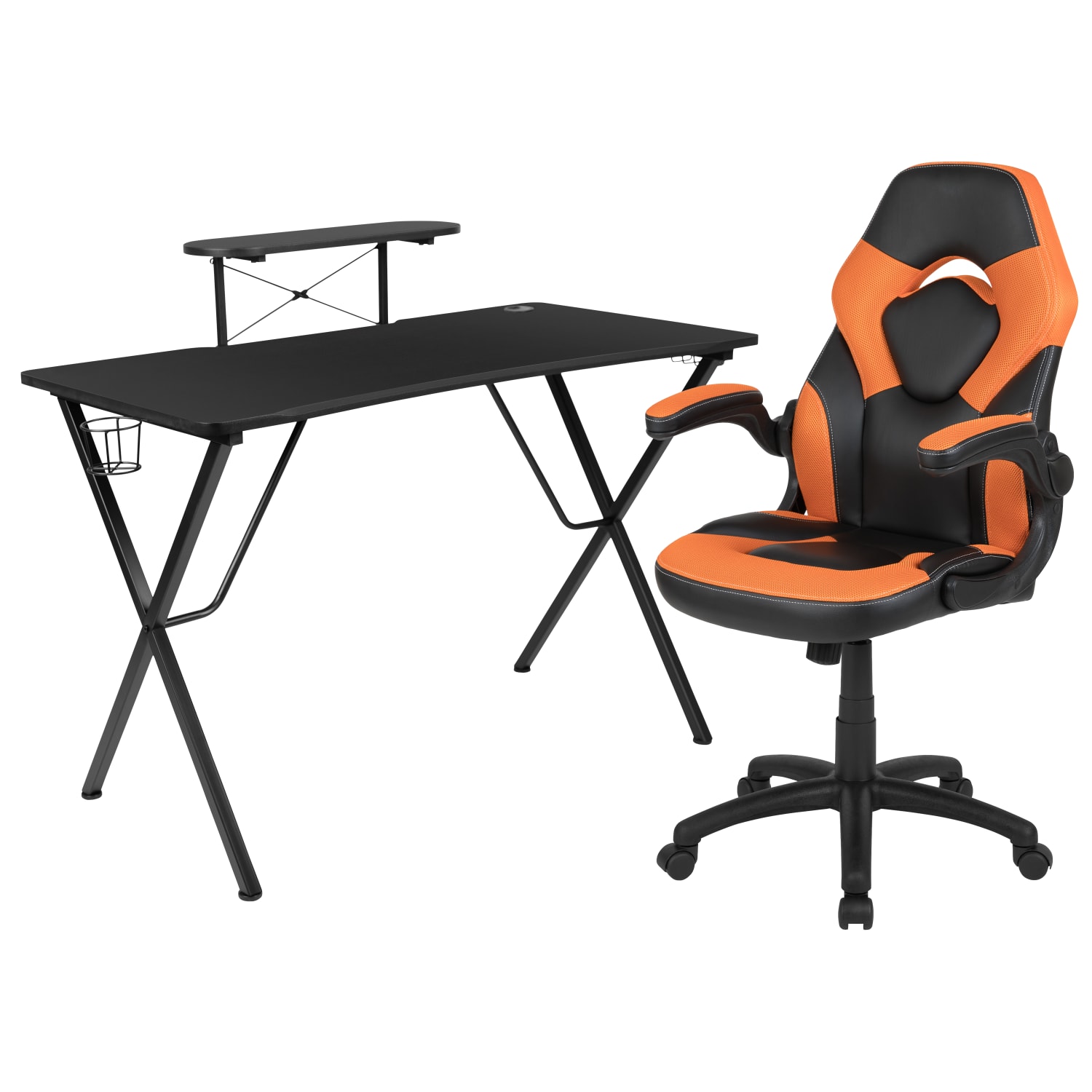 Flash Furniture Gaming Desk And Racing Chair Set With Cup Holder, Headphone Hook and Monitor/Smartphone Stand, Orange - Image 3