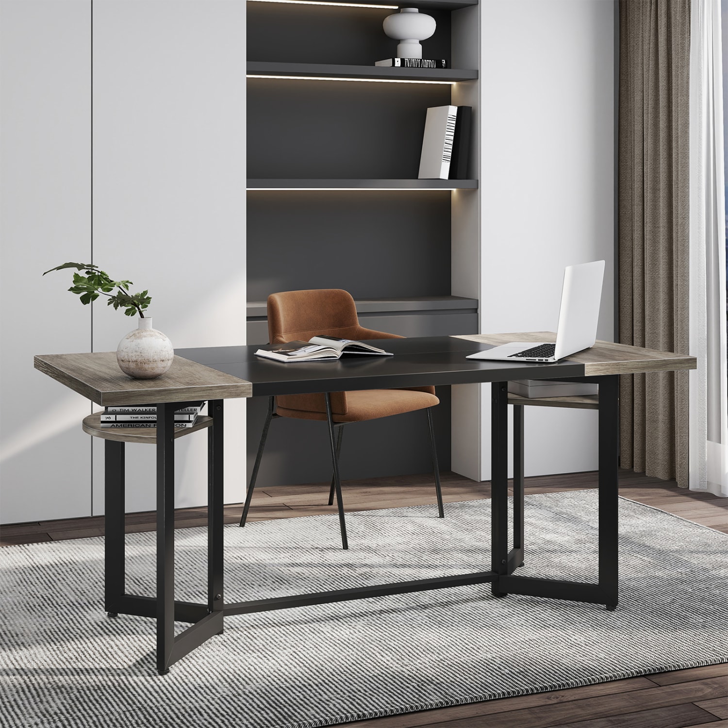 Bestier 70inW Computer Desk with Wire Storage Basket Storage Wooden Study Writing Table for Home Office, Gray - Image 3