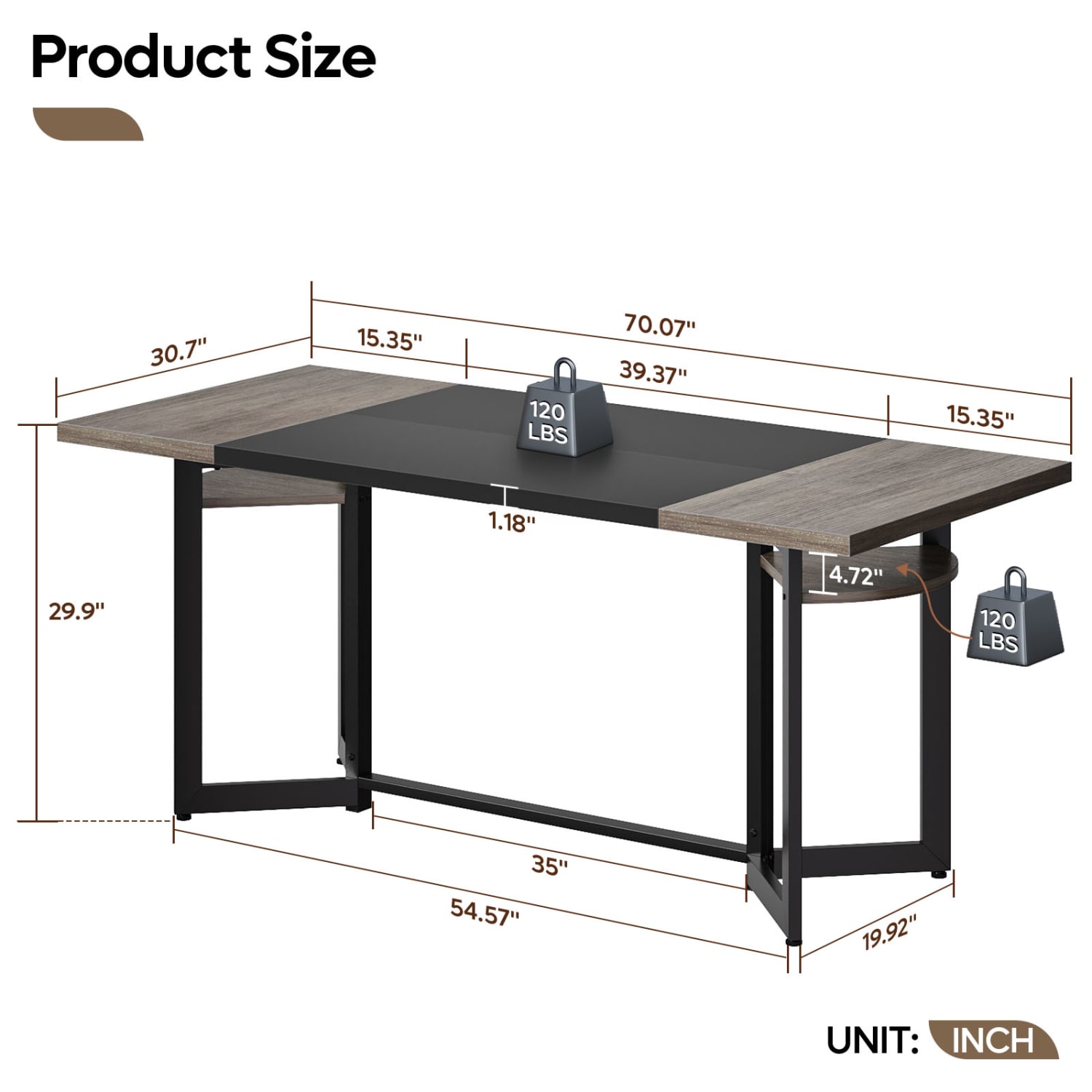 Bestier 70inW Computer Desk with Wire Storage Basket Storage Wooden Study Writing Table for Home Office, Gray - Image 6