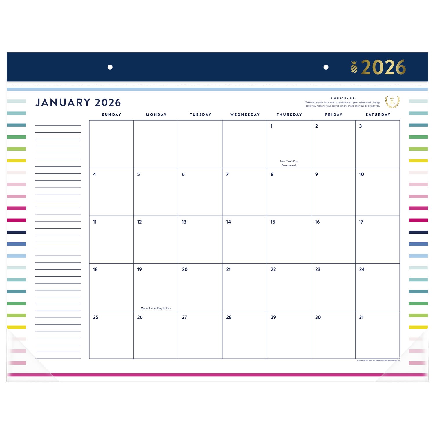 Simplified by Emily Ley for AT-A-GLANCE 2026 Monthly Desk Pad Calendar, Happy Stripe, Standard, 21 3/4in x 17in