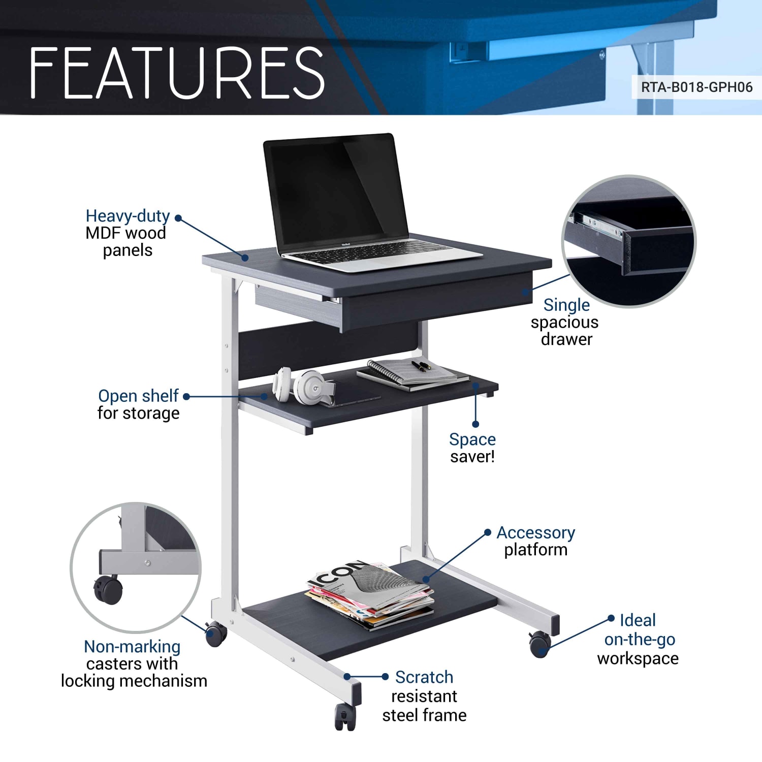 Techni Mobili 22inW Laptop Table Standing Desk, Graphite - Image 4