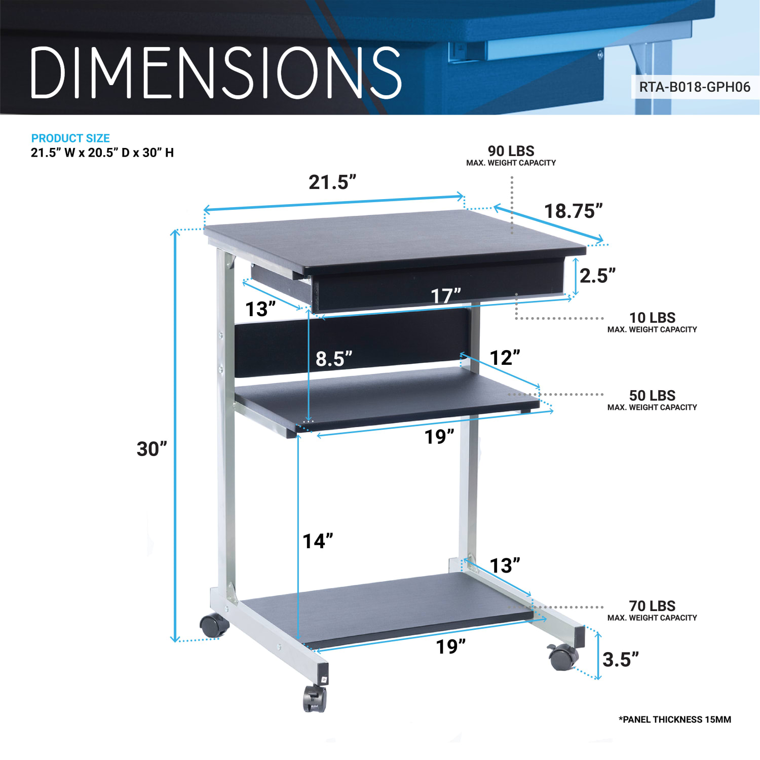 Techni Mobili 22inW Laptop Table Standing Desk, Graphite - Image 5