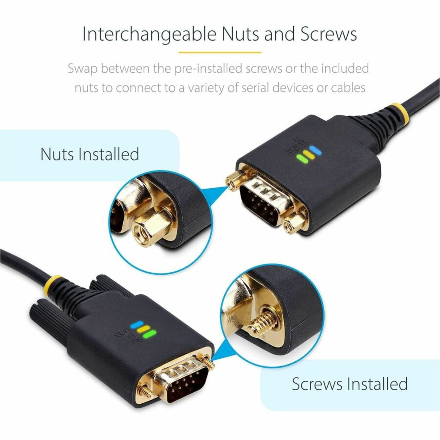 StarTech.com 10ft (3m) USB to Serial Adapter Cable, COM Retention, FTDI, DB9 RS232, Interchangeable DB9 Screws/Nuts, Windows/macOS/Linux - Image 4