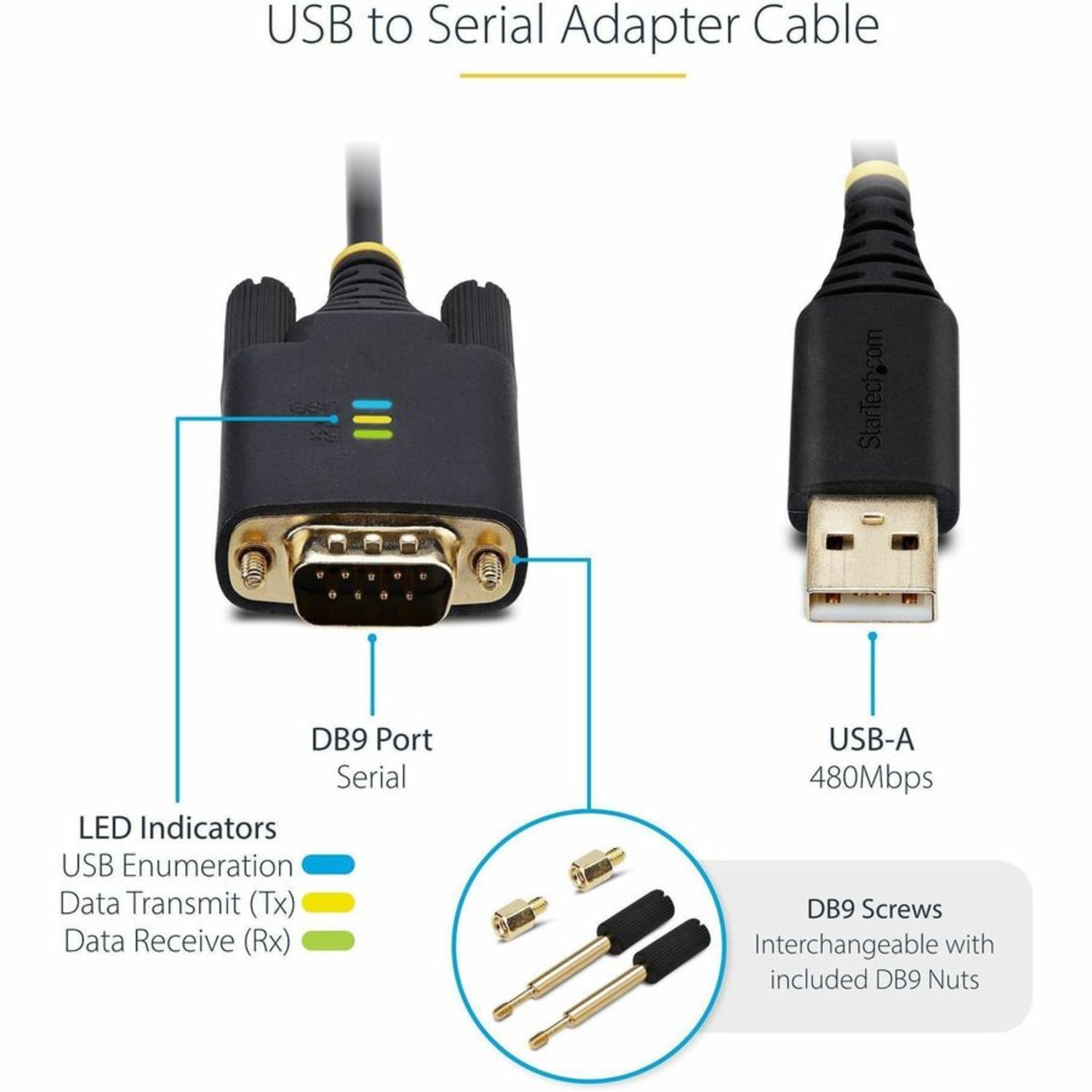 StarTech.com 10ft (3m) USB to Serial Adapter Cable, COM Retention, FTDI, DB9 RS232, Interchangeable DB9 Screws/Nuts, Windows/macOS/Linux - Image 5