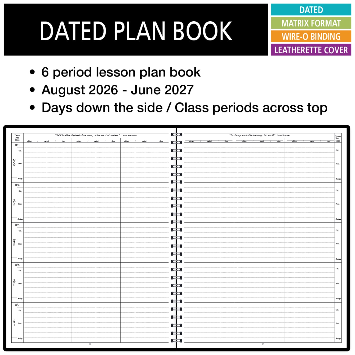 2026-2027 ELAN Publishing Weekly/Monthly Academic Year Teacher Lesson Planner, 8-1/2in x 11in, Black, August To June, Total Qty 1 - Image 4