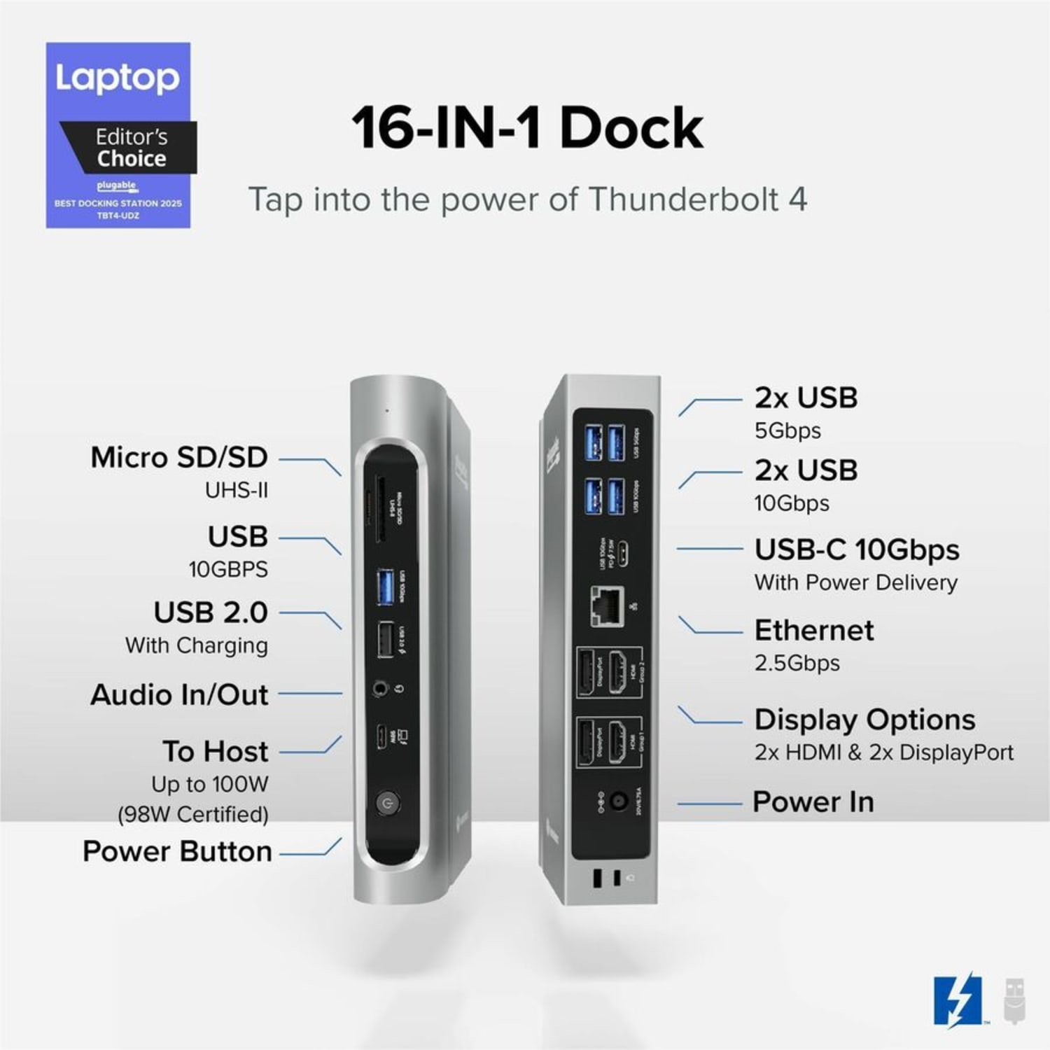 Plugable 16-in-1 Thunderbolt 4 Dock with 100W Charging, 4K Quad Monitor Setup  - TBT4UDZ - Image 3