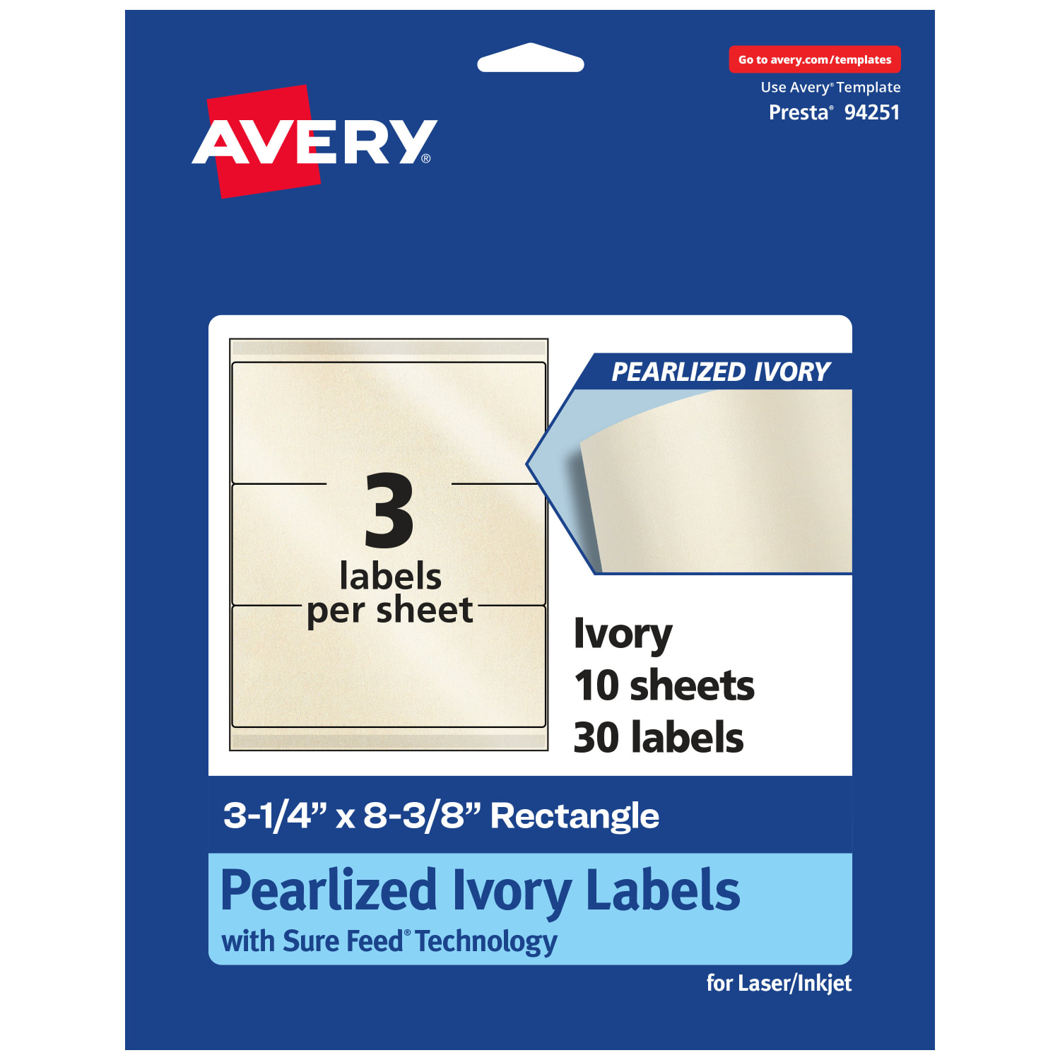 Avery Pearlized Permanent Labels With Sure Feed, 94251-PIP10, Rectangle, 3-1/4in x 8-3/8in, Ivory, Pack Of 30 Labels