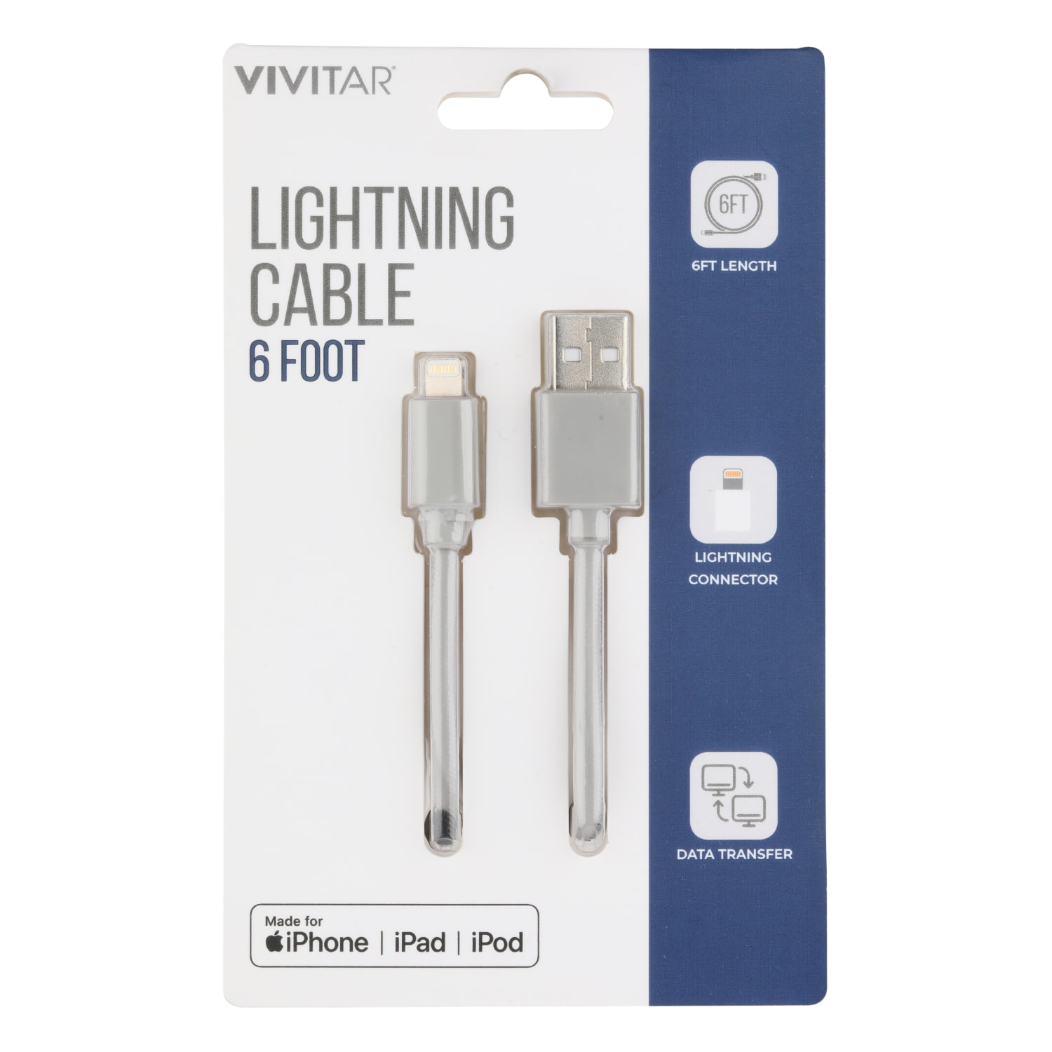 Vivitar Lightning To USB-A Cable, 6ft, Gray, NIL1006-GRY-STK-24