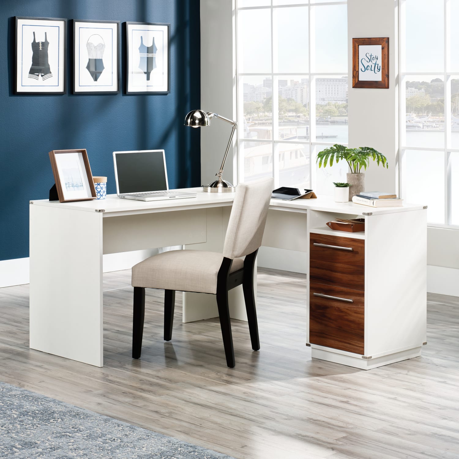 Sauder Vista Key 60inW L-Shaped Corner Desk, Pearl Oak/Blaze Acacia - Image 3