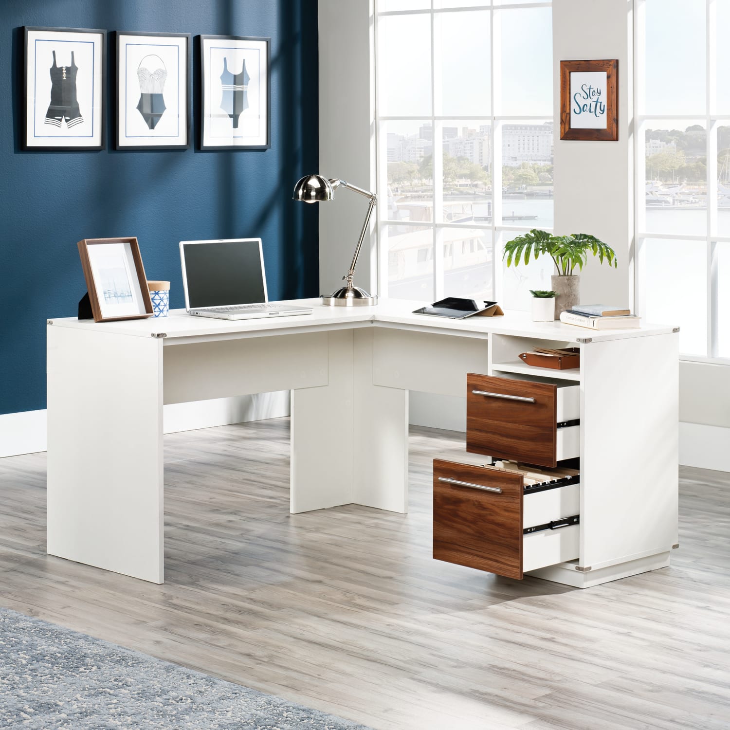 Sauder Vista Key 60inW L-Shaped Corner Desk, Pearl Oak/Blaze Acacia - Image 4