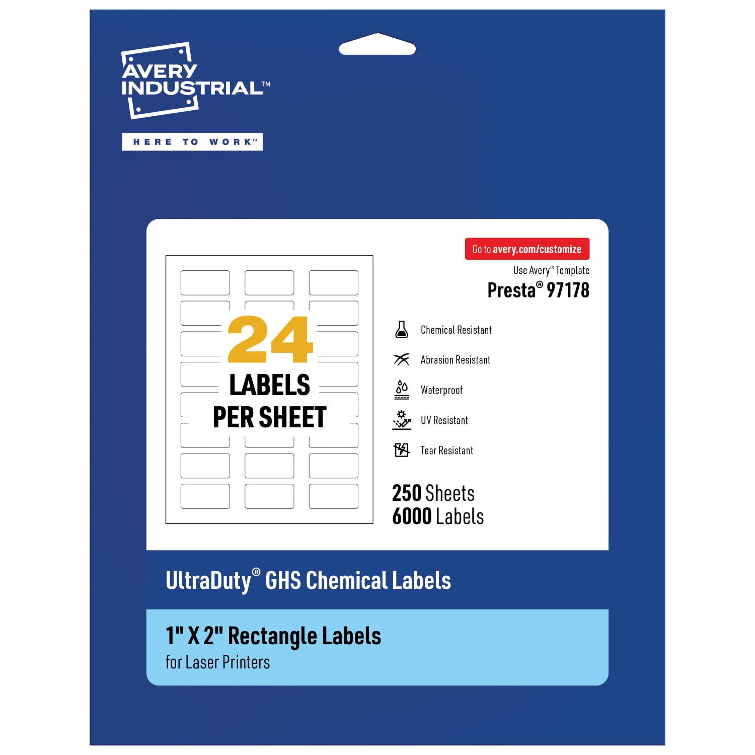 Avery Ultra Duty Permanent GHS Chemical Labels, 97178-WMU250, Rectangle, 1in x 2in, White, Pack Of 6,000