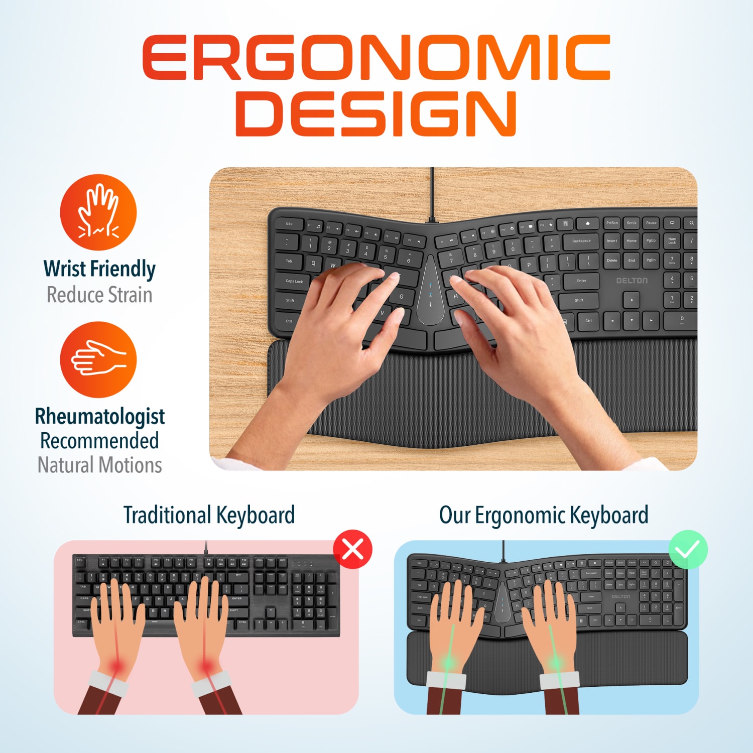 Delton KB250 Ergonomic Wired Keyboard, Black - Image 3
