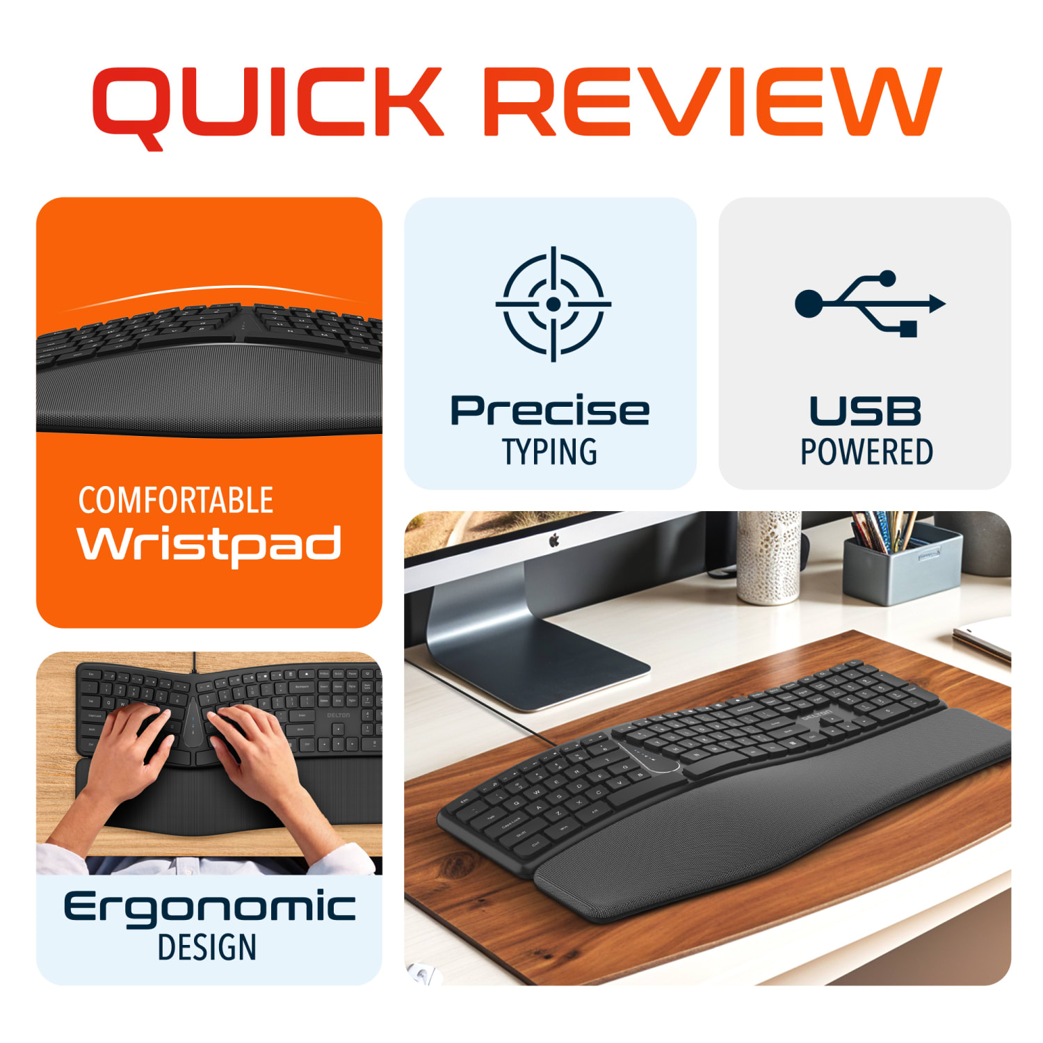 Delton KB250 Ergonomic Wired Keyboard, Black - Image 4