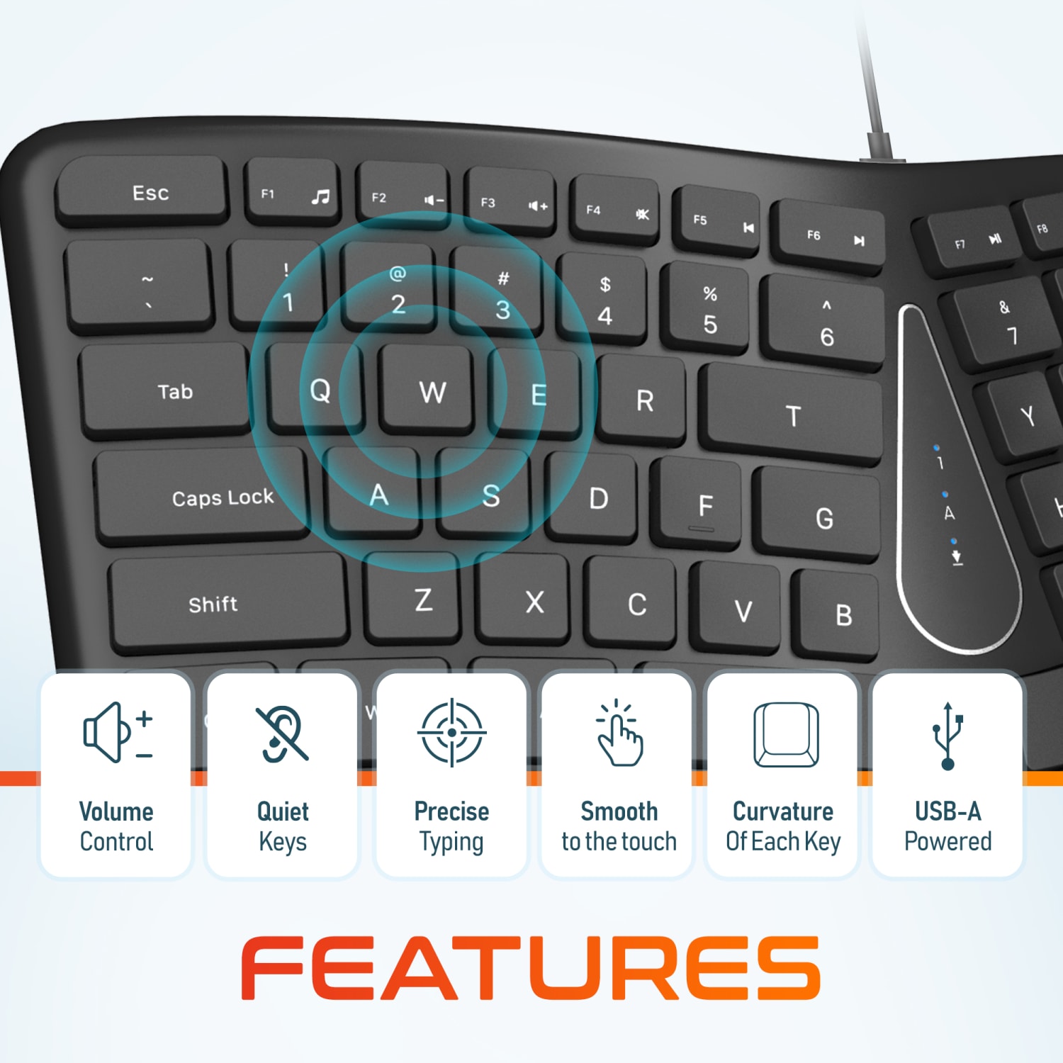 Delton KB250 Ergonomic Wired Keyboard, Black - Image 5