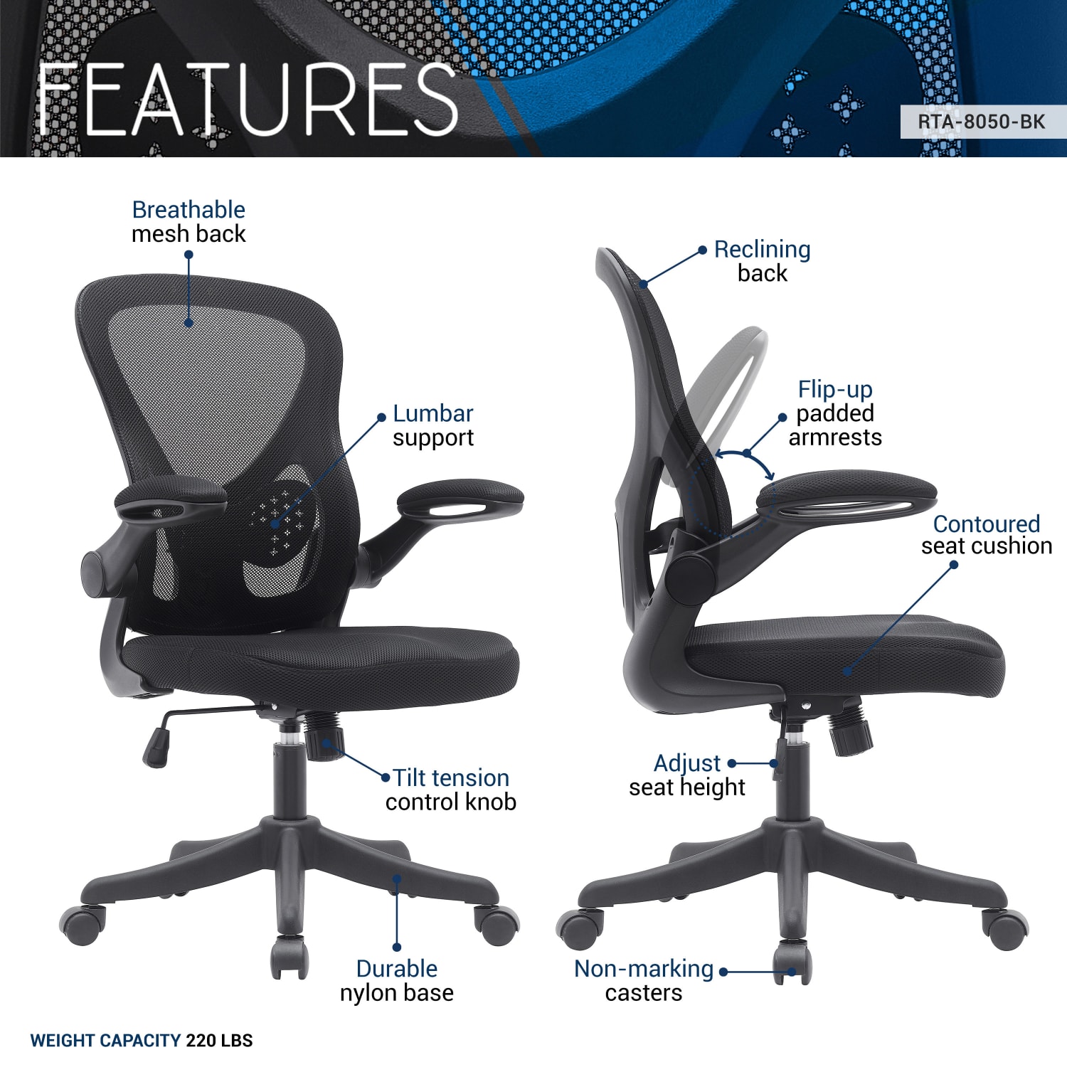 Techni Mobili Ergonomic Mesh High-Back Task Chair, Black - Image 4