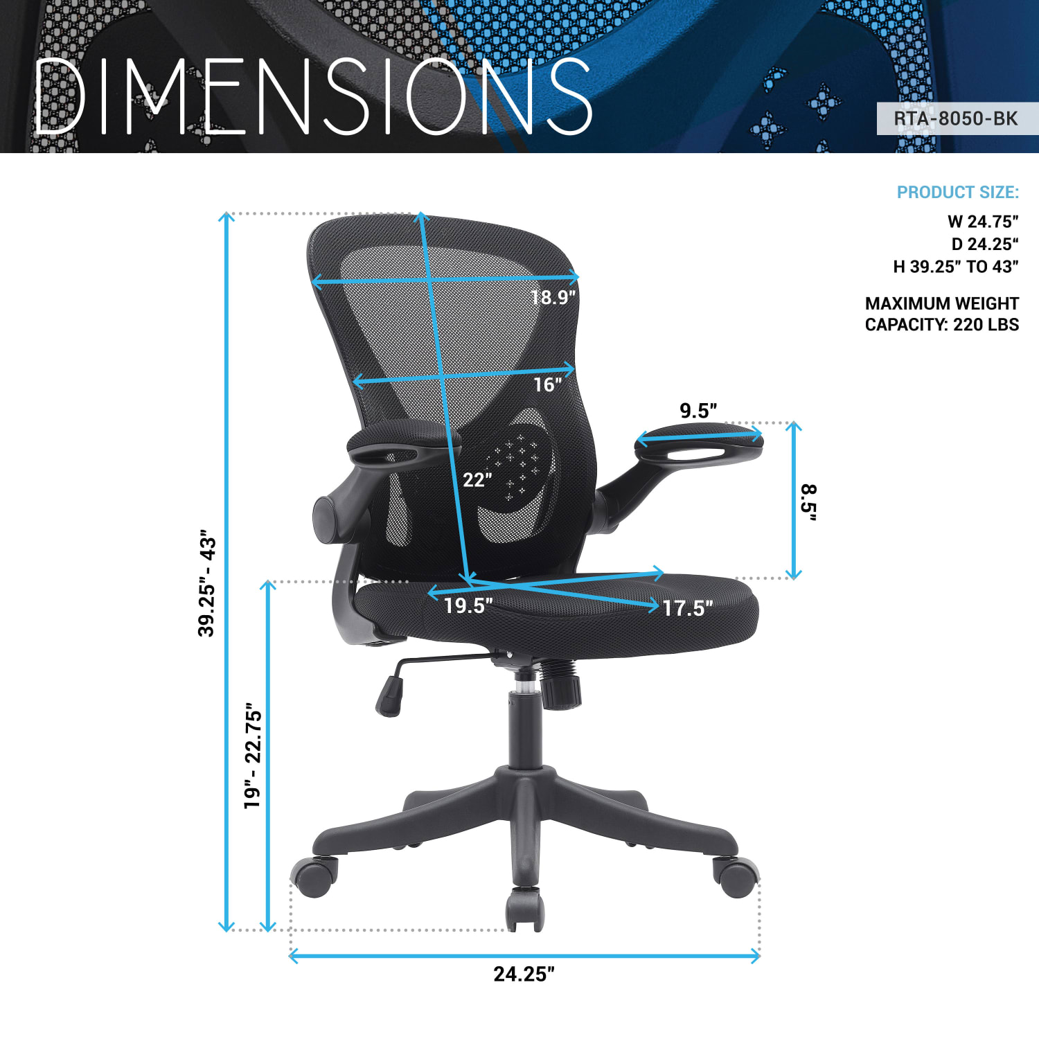 Techni Mobili Ergonomic Mesh High-Back Task Chair, Black - Image 5