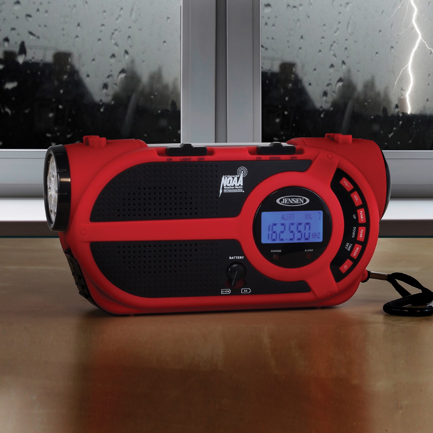 Jensen Portable Digital AM/FM Weather Radio With Weather Alert, Flashlight And 4-Way Charging, 4.02inH x 8inW x 2.76inD, Red - Image 5