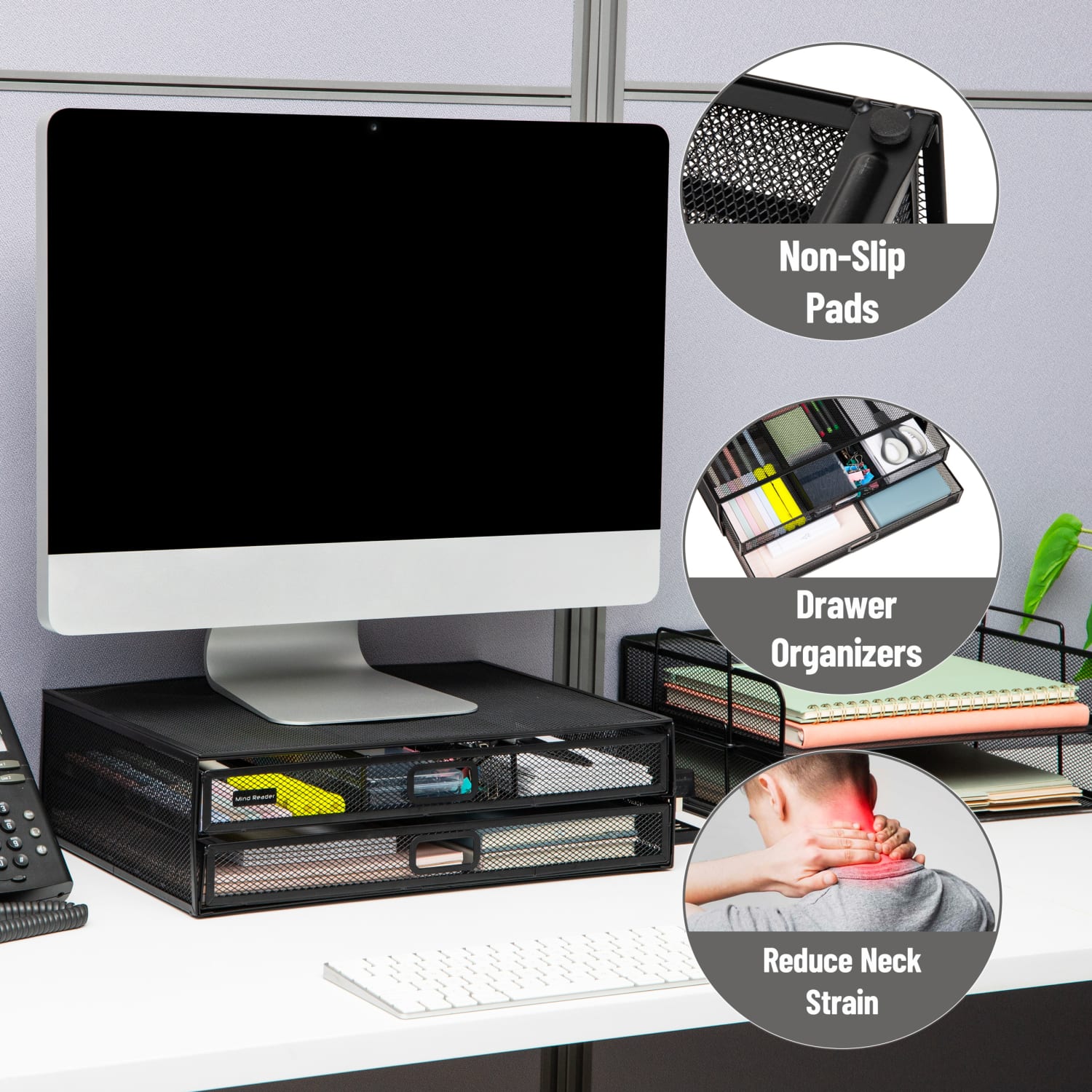 Mind Reader Metal Monitor Stand Ventilated Laptop Riser Storage Drawer, 4-1/2inH x 12inW x 15-3/4inD, Black - Image 5
