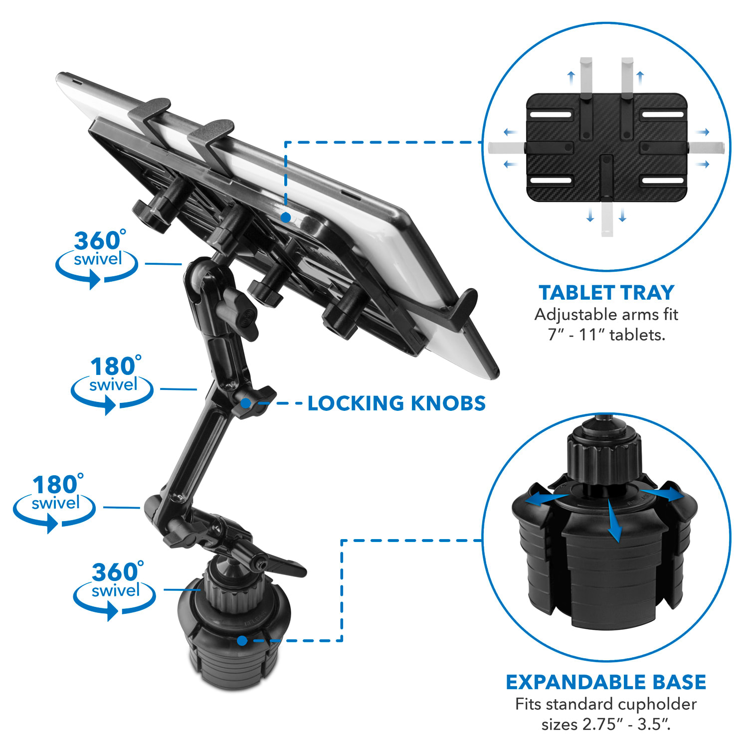 Mount-It! MI-7320 Car Cup Holder Mount For 7 - 11in Tablets, Black - Image 3