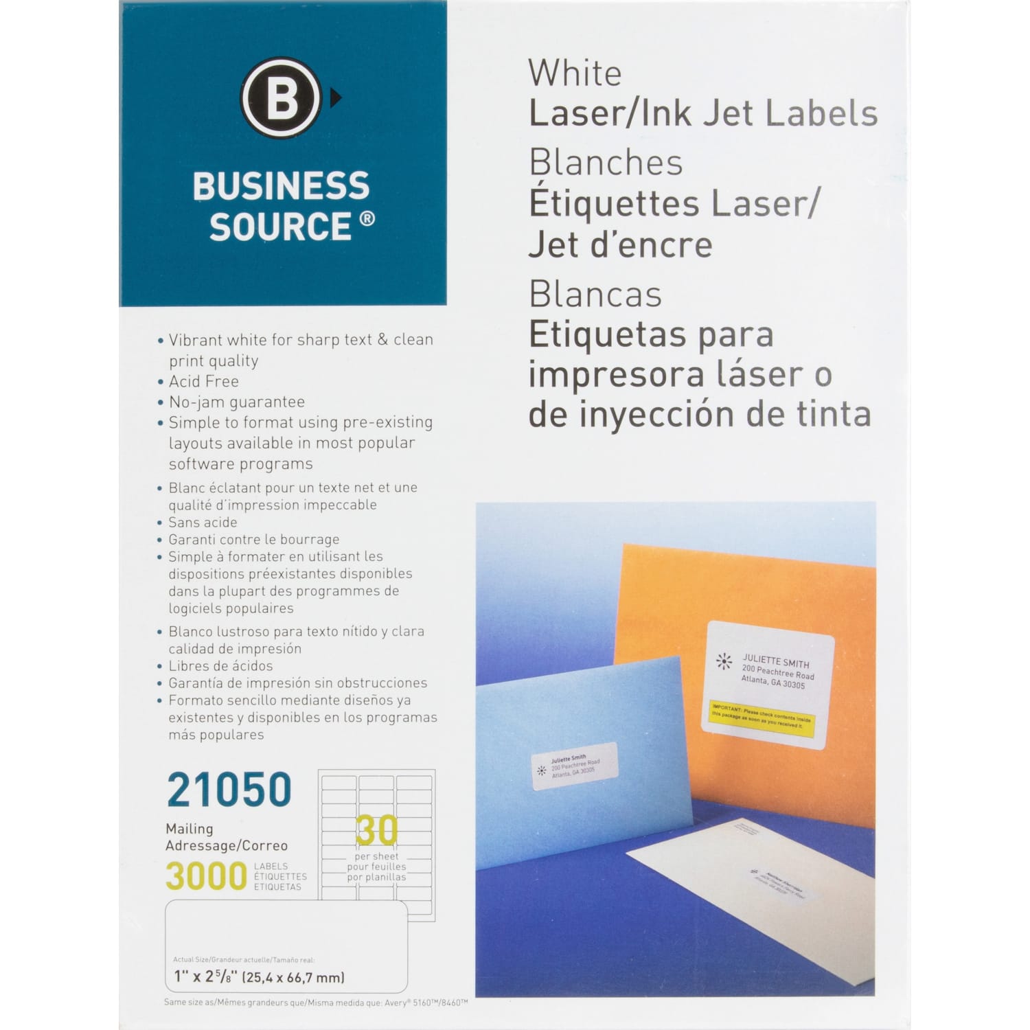 Business Source Bright White Premium-quality Address Labels - 1inx 2 5/8in - Permanent Adhesive - Rectangle - 21050