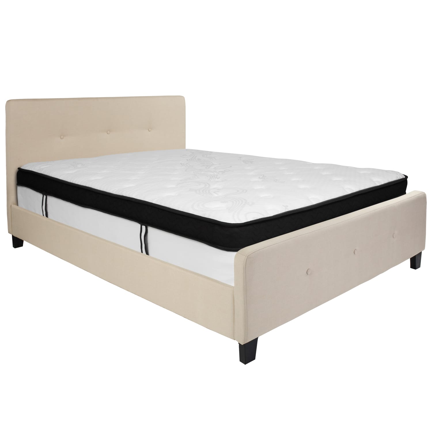 Flash Furniture Tribeca Button Tufted Upholstered Platform Bed with Memory Foam Pocket Spring Mattress, Queen, 48inH x 63inW x 85-1/4inL, Beige - Image 3