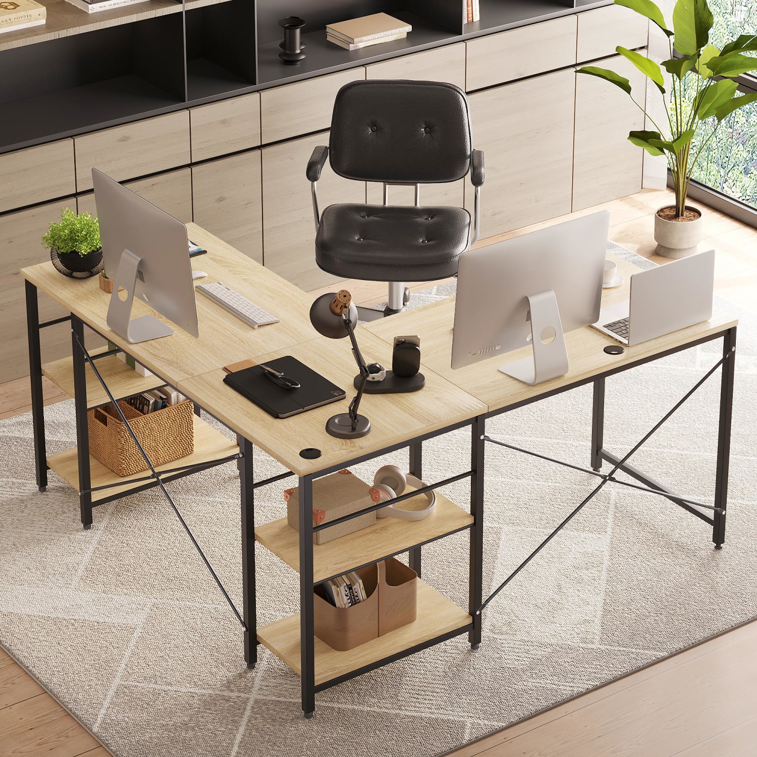 Bestier L-Shaped Corner Computer Desk With Storage Shelf, And Cable Management, 60inW, Light Oak - Image 3