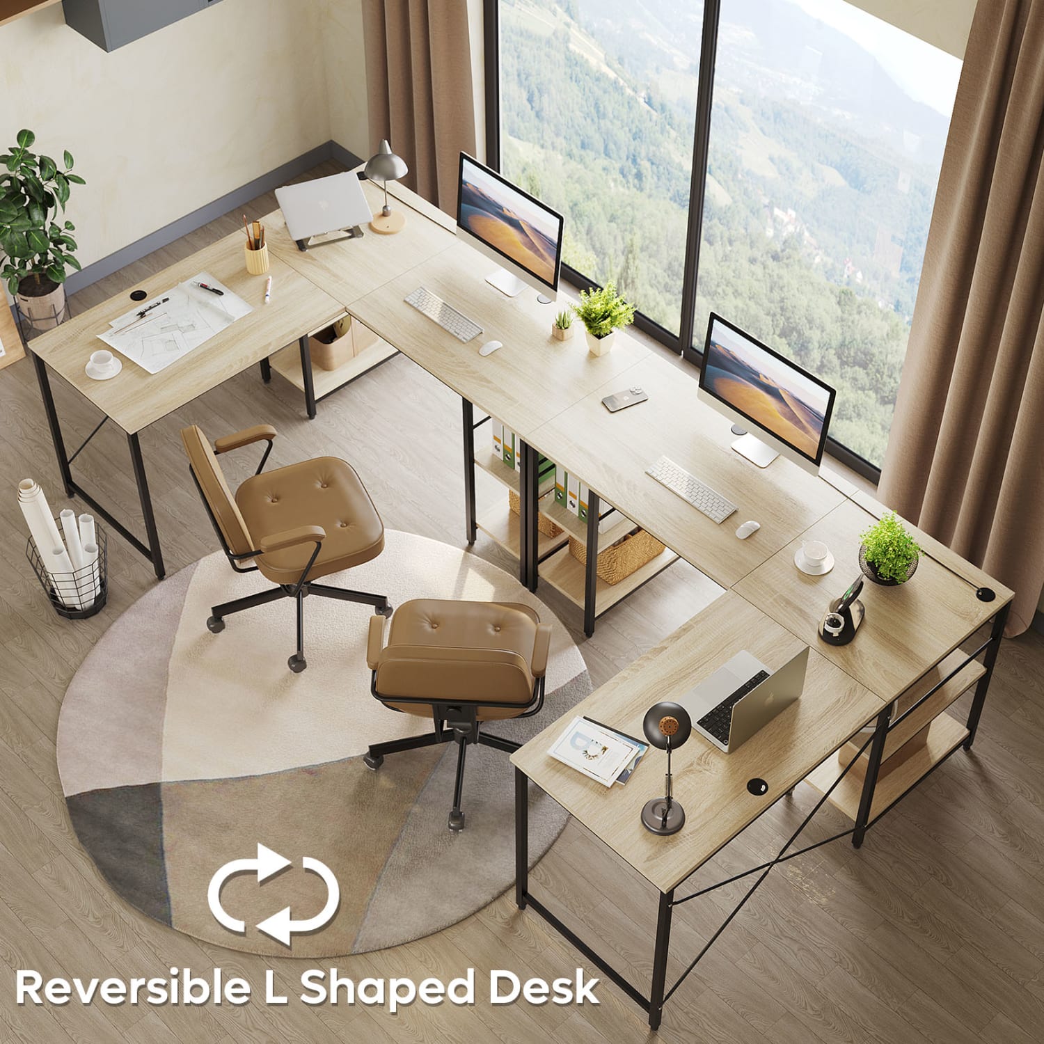 Bestier L-Shaped Corner Computer Desk With Storage Shelf, And Cable Management, 60inW, Light Oak - Image 6
