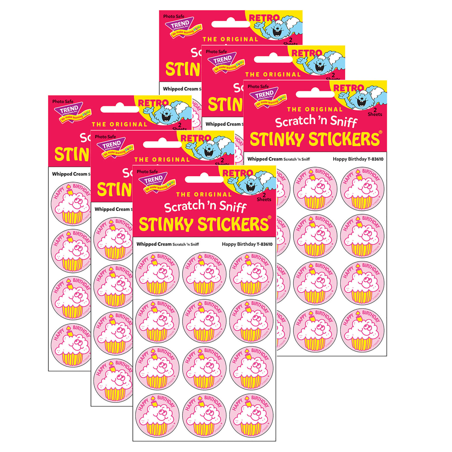 Trend Retro Scratch N Sniff Stinky Stickers, Happy Birthday/Whipped Cream, 24 Stickers Per Pack, Set Of 6 Packs
