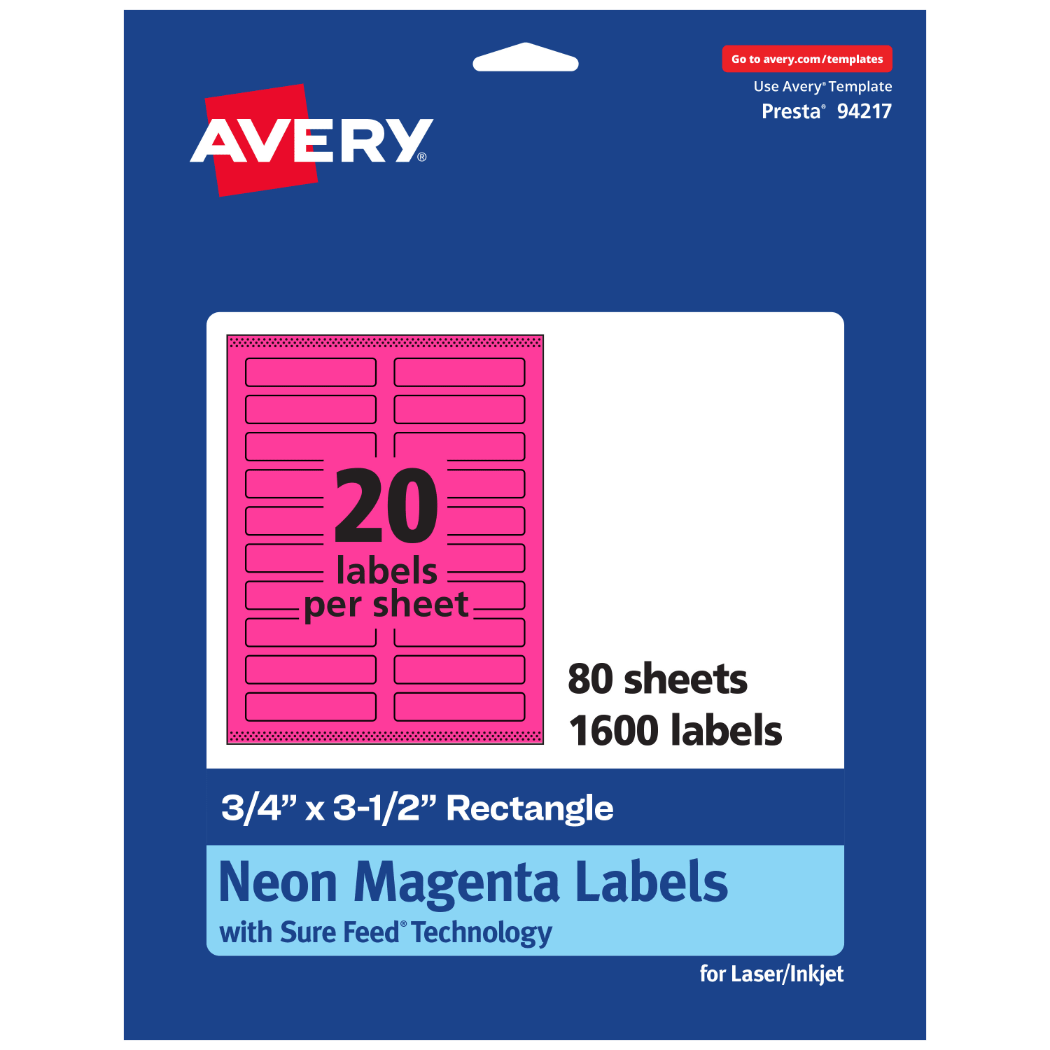 Avery Print-To-The-Edge Labels With Sure Feed Technology And Easy Peel, 94217-NMP80, Rectangle, 3/4in x 3-1/2in, Matte Neon Magenta, Pack of 1600