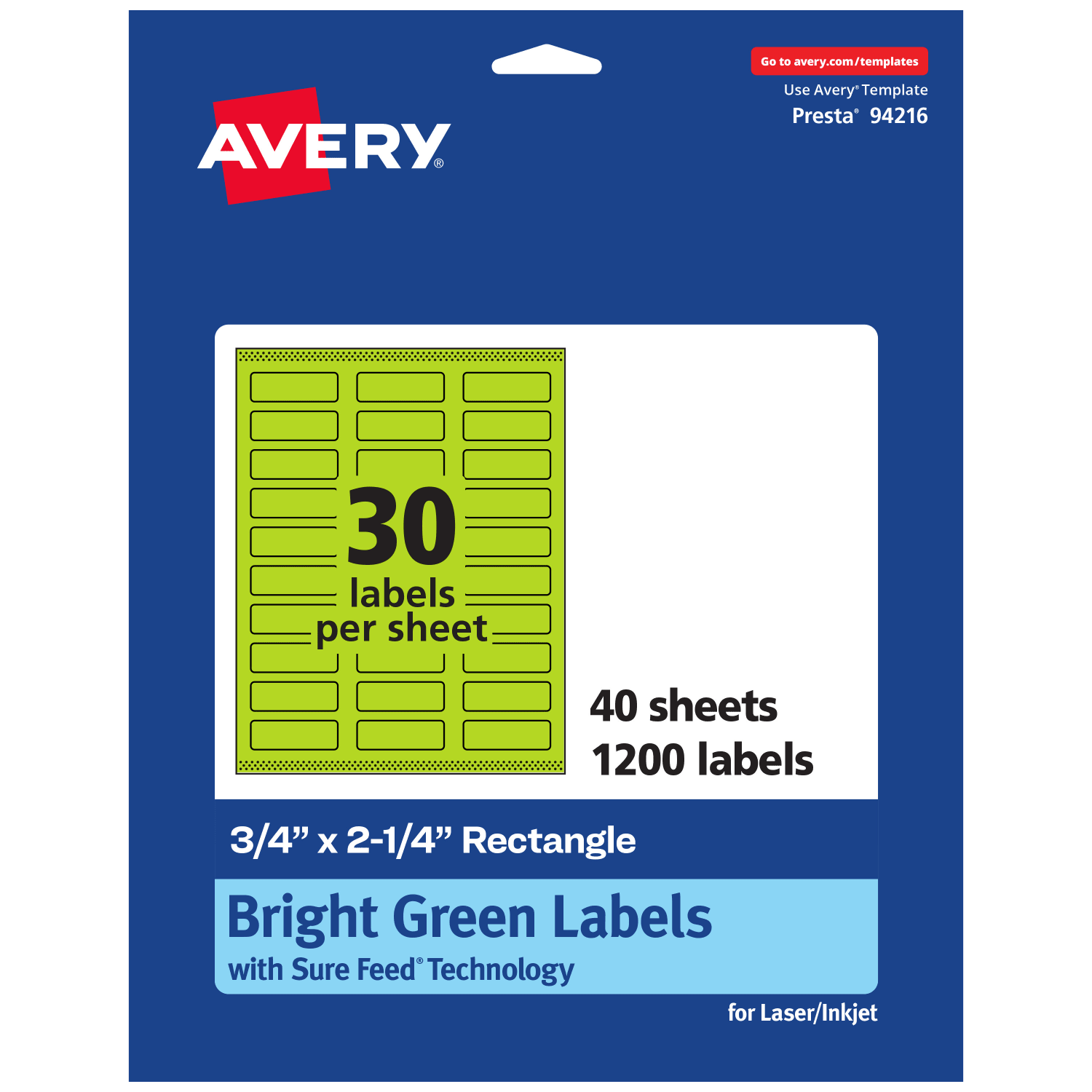 Avery Print-To-The-Edge Labels With Sure Feed Technology And Easy Peel, 94216-BGP40, Rectangle, 3/4in x 2-1/4in, Matte Bright Green, Pack of 1200