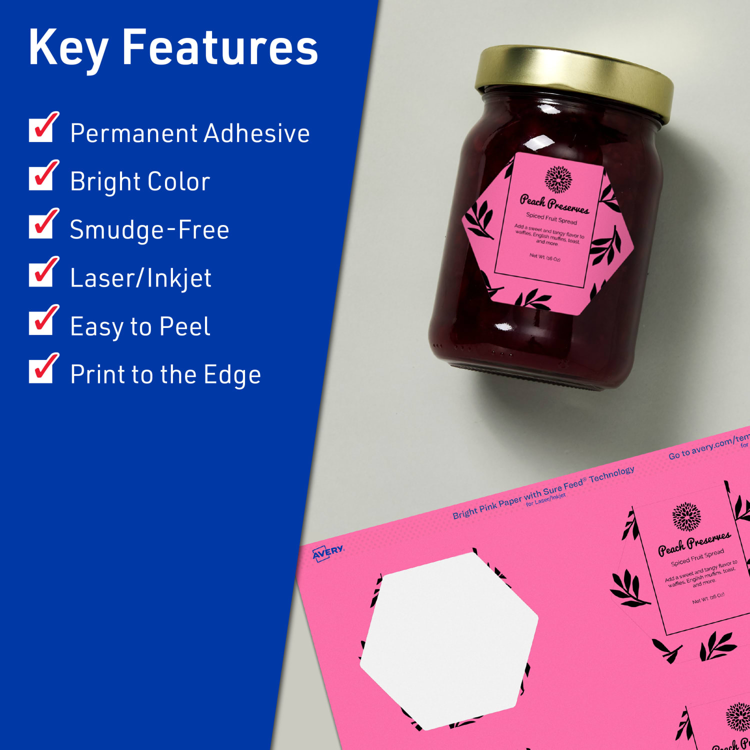 Avery Print-To-The-Edge Labels With Sure Feed Technology, 94121-BPP20, Hexagon, 2-1/2in x 2-57/64in, Matte Bright Pink, Pack of 120 - Image 3