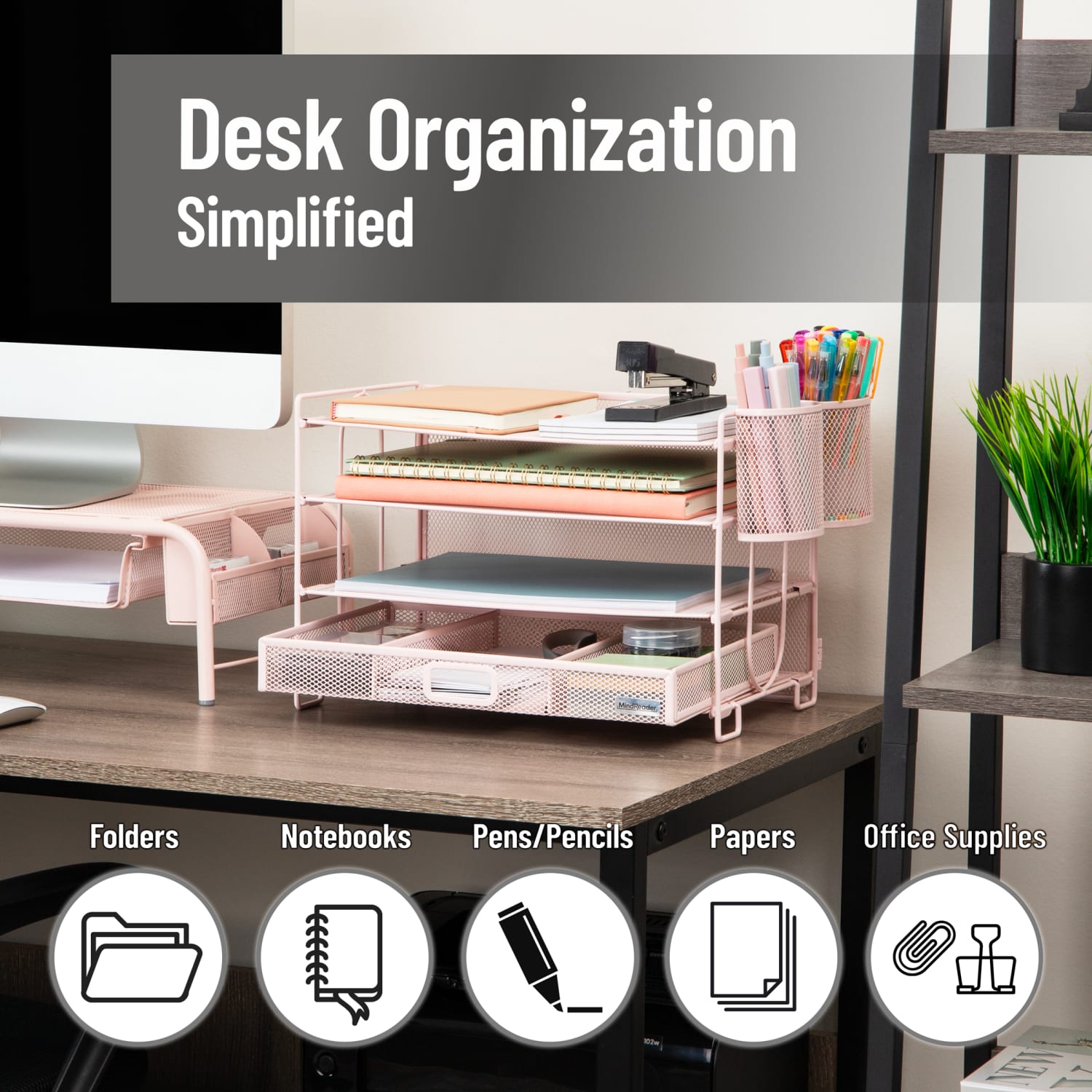 Mind Reader Mesh Desk Organizer, 9inH x 9-1/4inW X 12-3/4inD, Pink - Image 3