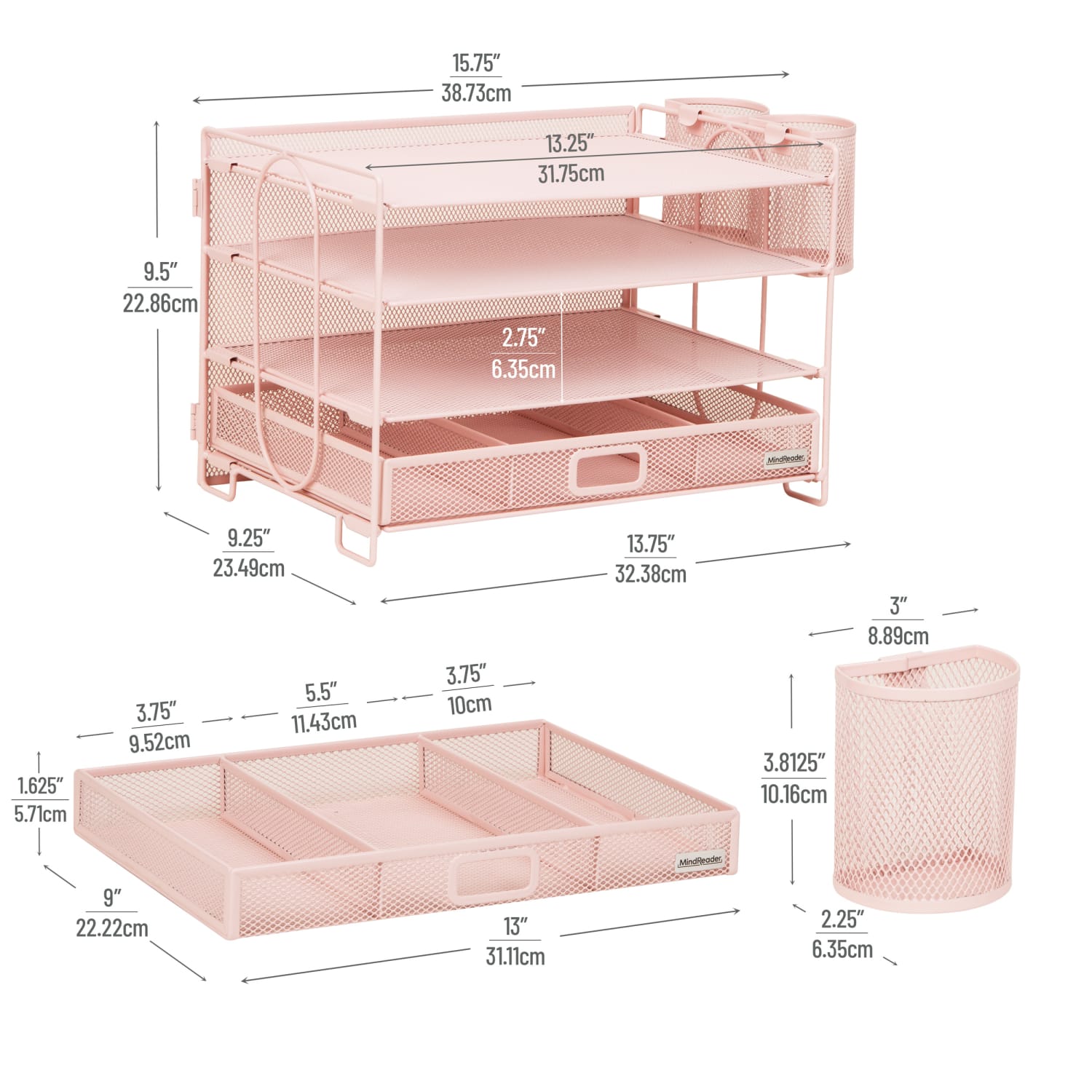 Mind Reader Mesh Desk Organizer, 9inH x 9-1/4inW X 12-3/4inD, Pink - Image 4
