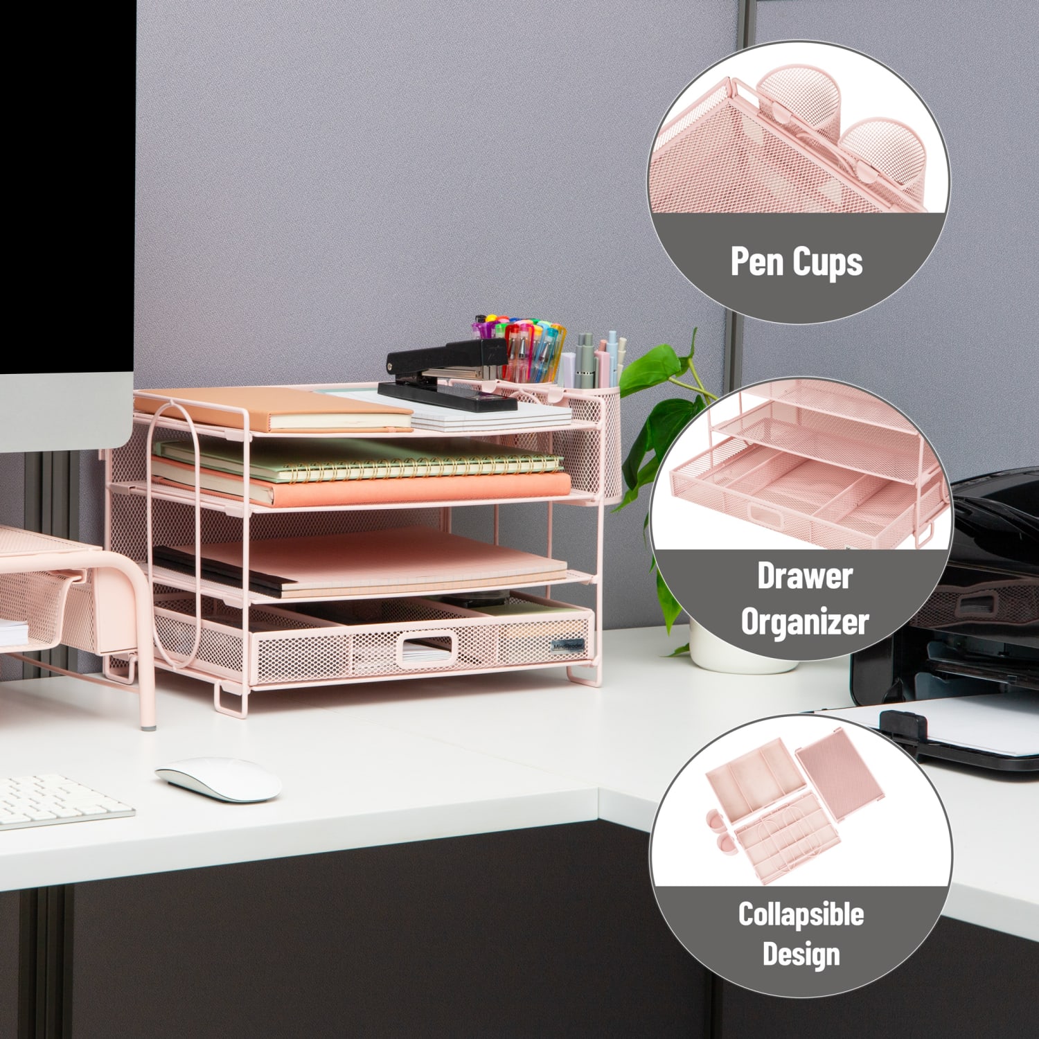 Mind Reader Mesh Desk Organizer, 9inH x 9-1/4inW X 12-3/4inD, Pink - Image 5