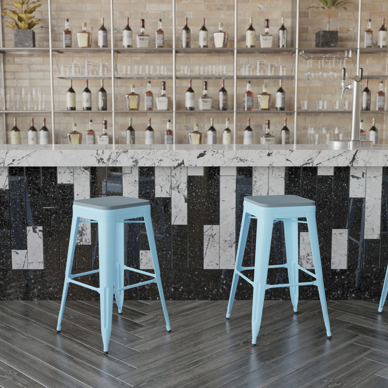 Flash Furniture Cierra Set of 4 Commercial Grade 30in High Backless Metal Indoor Bar H Stools, Teal-Blue Resin Wood Seat/Teal Frame - 4ET32030TLRPL2C