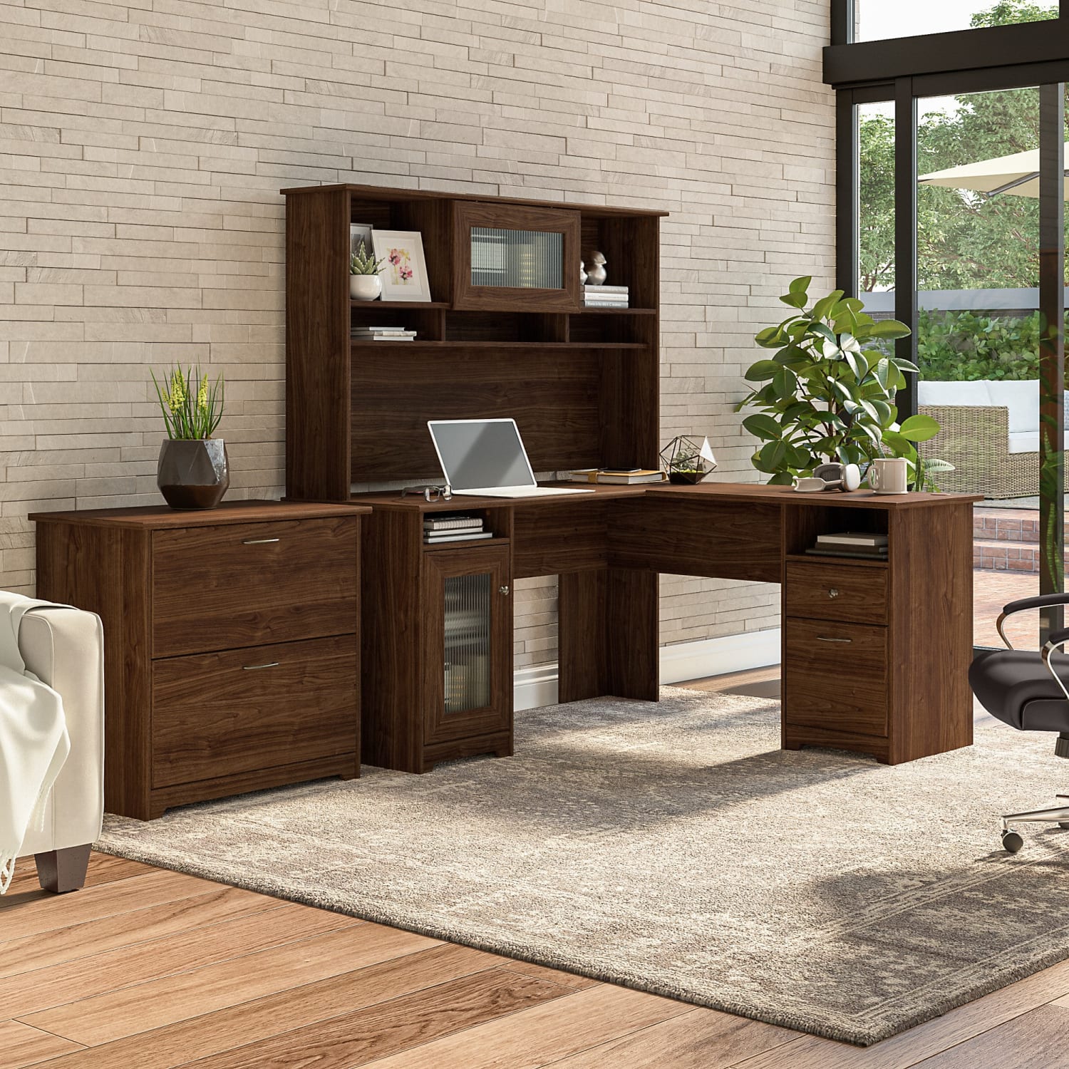 Bush Furniture Cabot 60inW L-Shaped Computer Desk With Hutch And Lateral File Cabinet, Modern Walnut, Standard Delivery - Image 3
