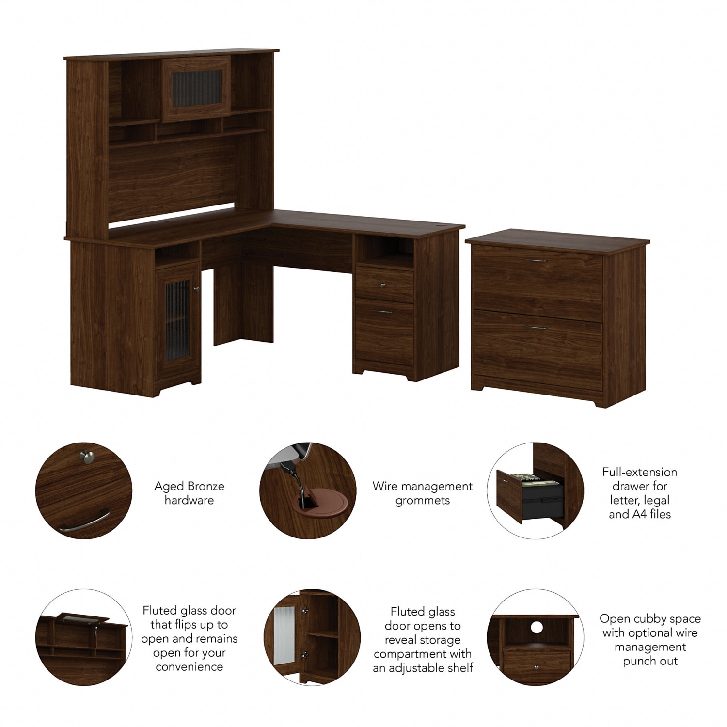 Bush Furniture Cabot 60inW L-Shaped Computer Desk With Hutch And Lateral File Cabinet, Modern Walnut, Standard Delivery - Image 4