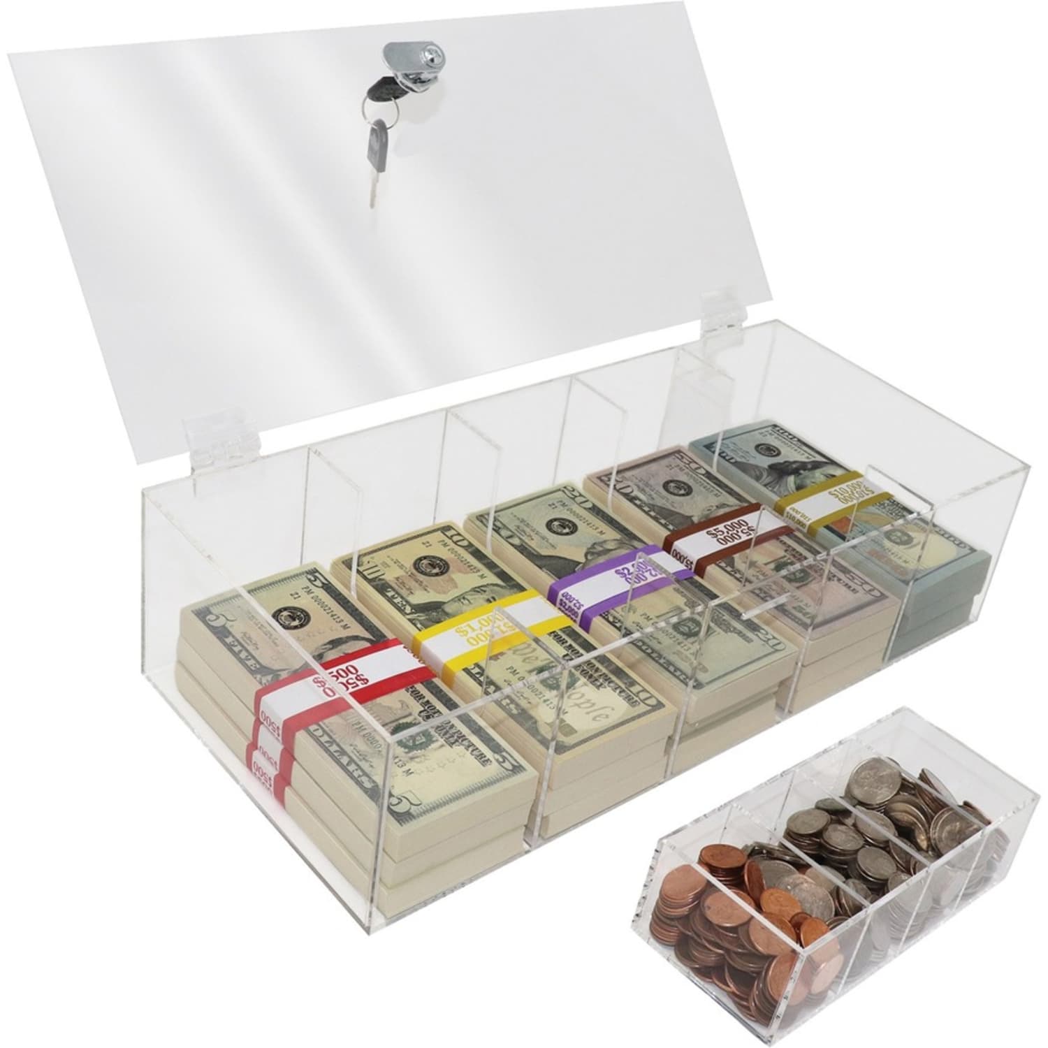 Nadex Coins ENR1-1102 5-Compartment Currency Tray with Locking Cover - Clear - 7in Height x 15.4in Width - Image 6